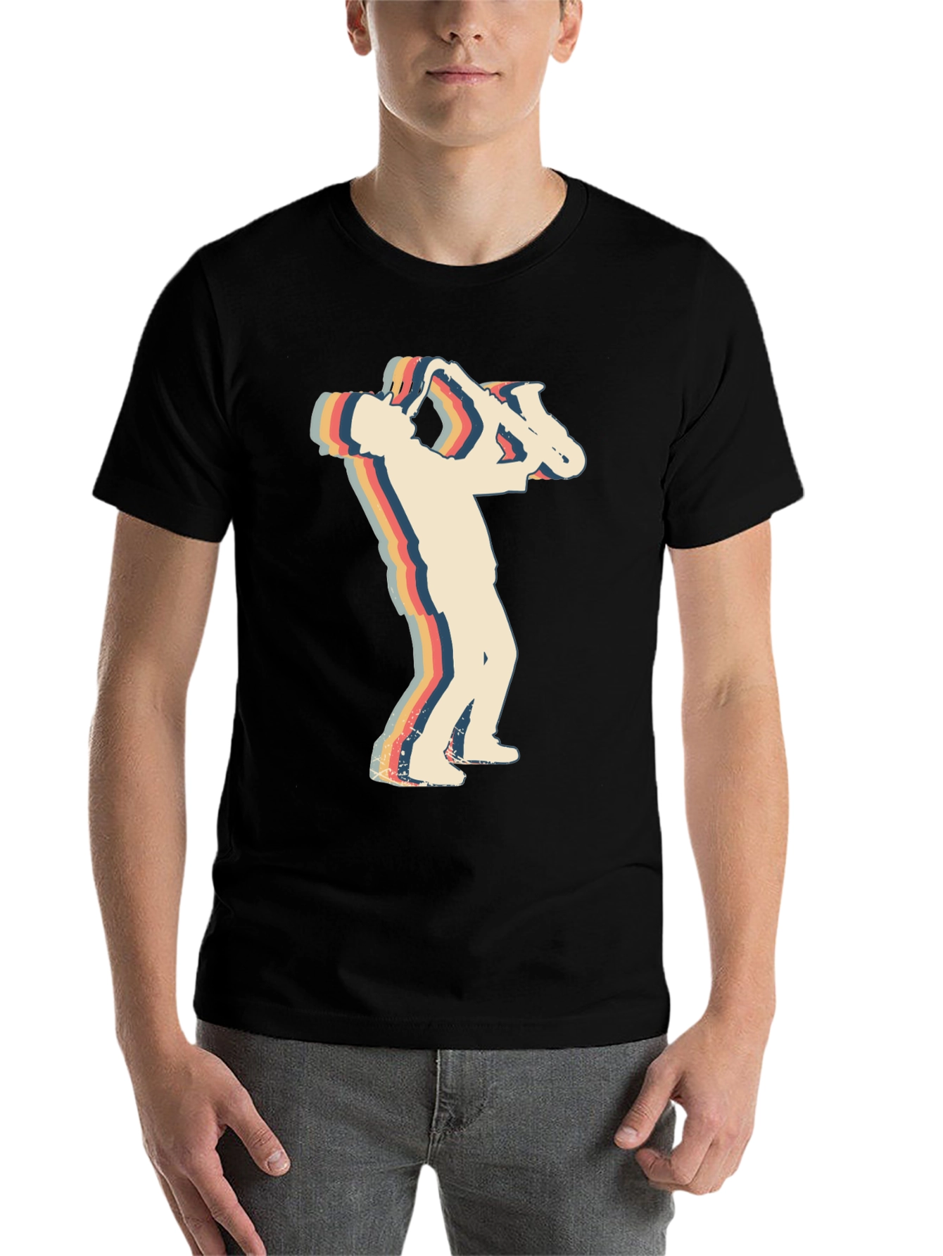 Black Retro Saxophone Player Black T-Shirt view 7