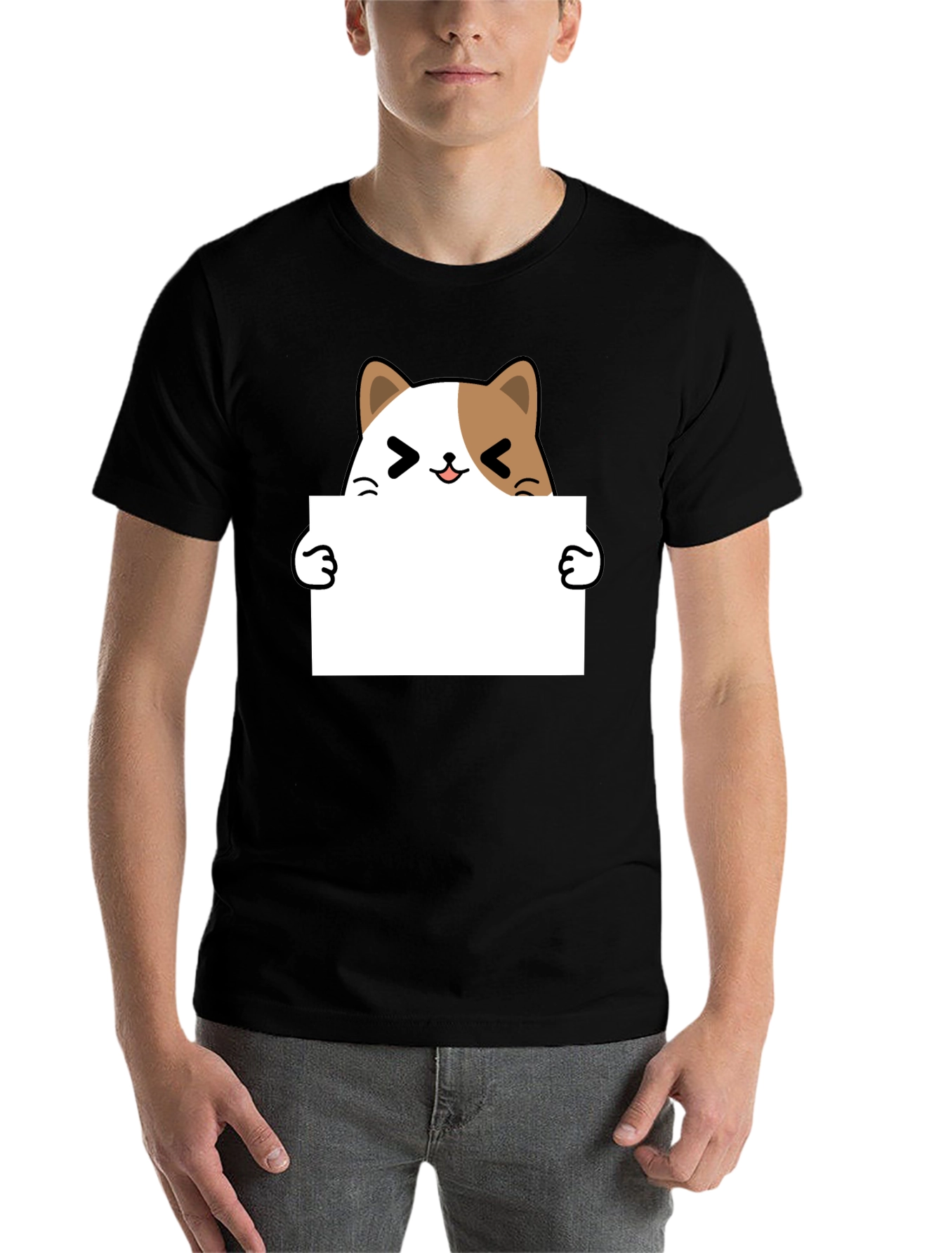 Black Cute Cat Holding Sign Graphic T-Shirt view 7
