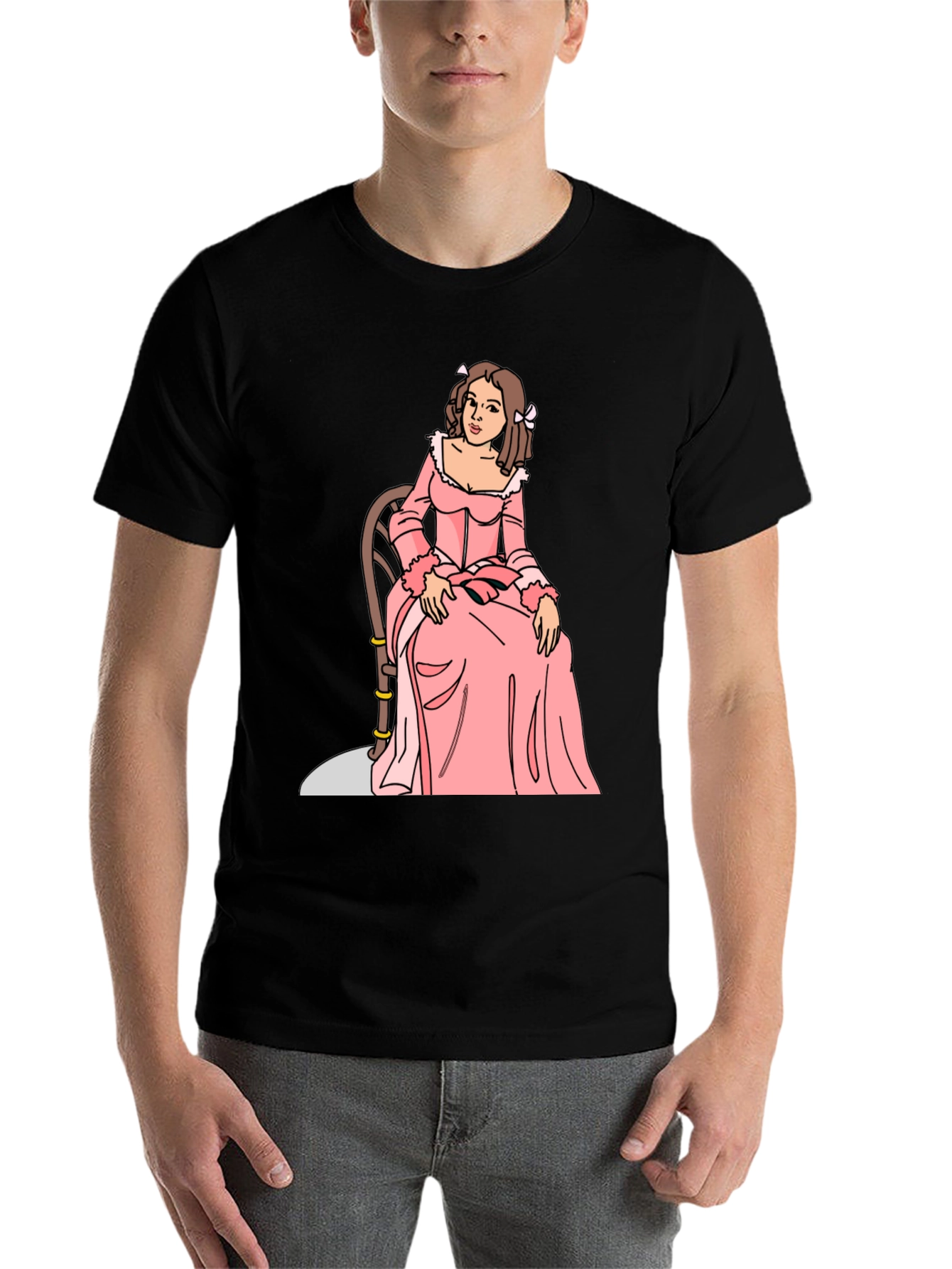 Black Cartoon Woman Pink Dress Black T-Shirt view 7