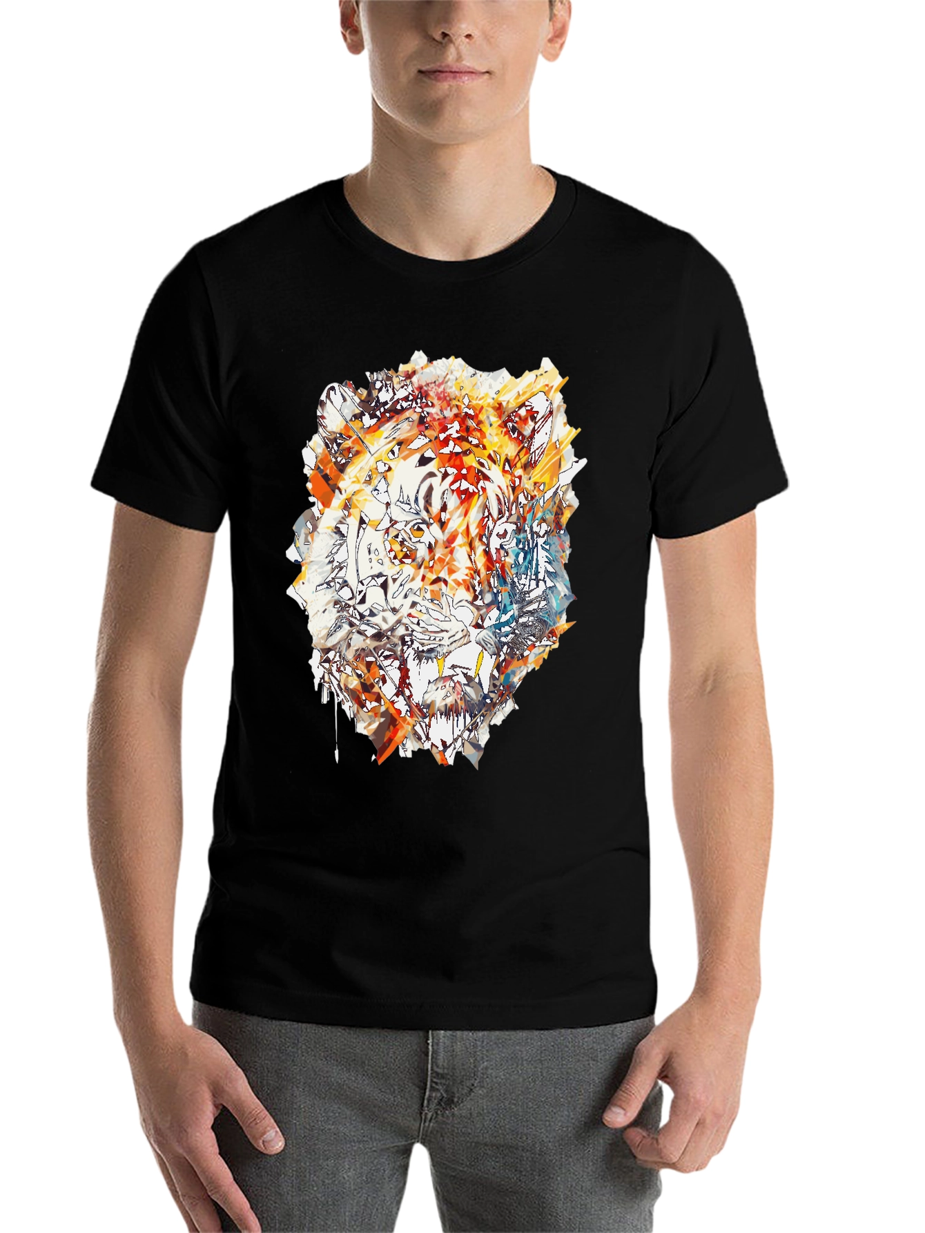 Black Abstract Tiger Print Men's Black T-Shirt view 7