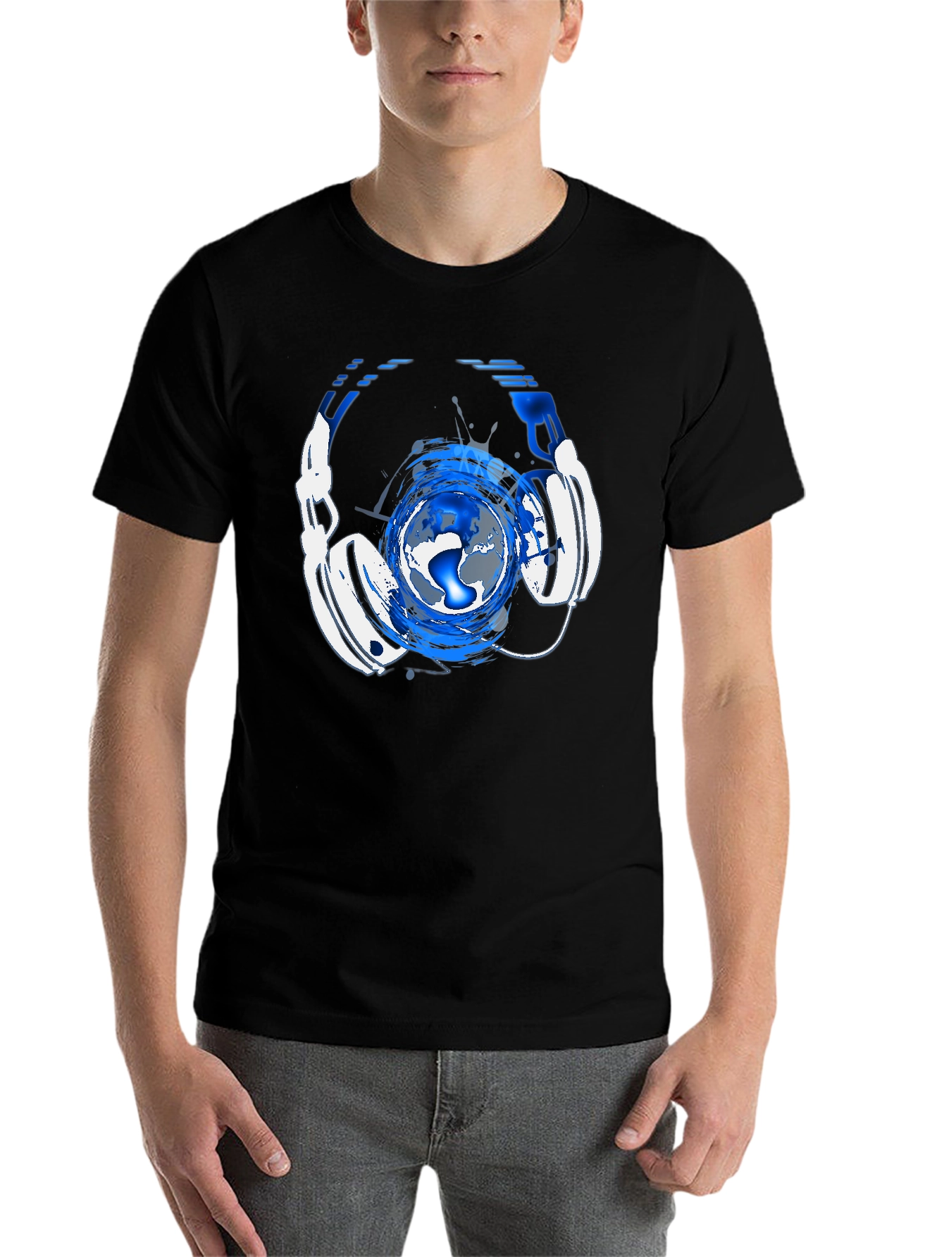 Black Headphone Globe Graphic Tee view 7