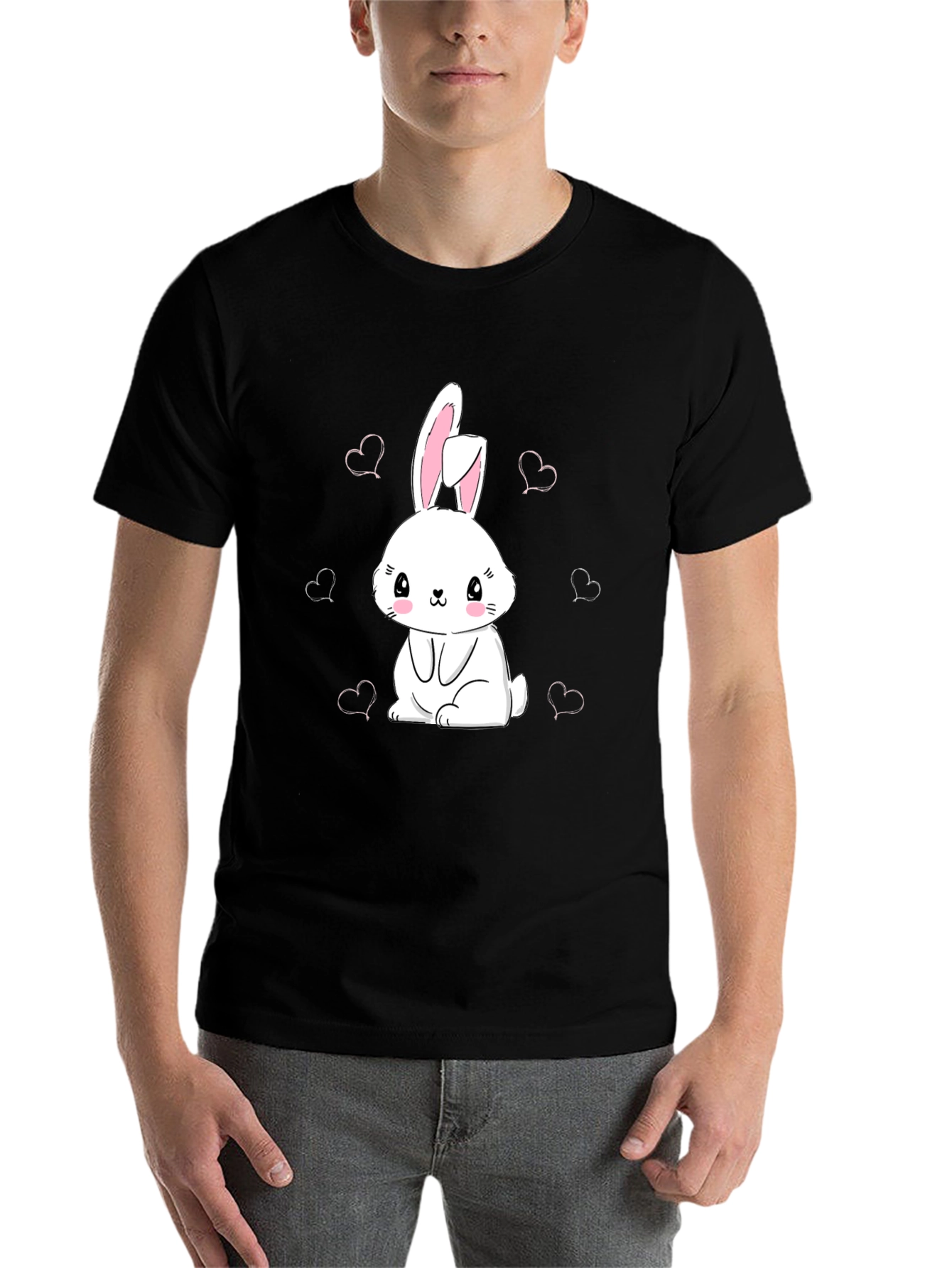 Black Cute Bunny Heart Print Black T-Shirt view 7