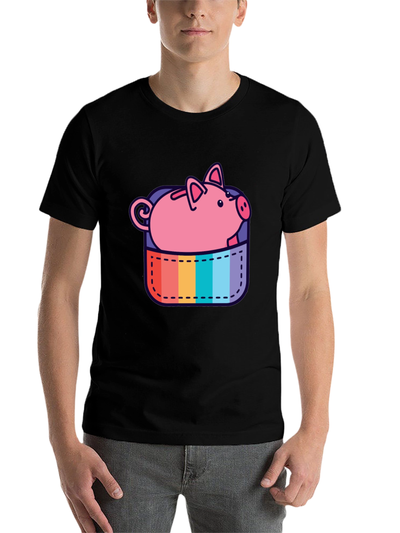Black Rainbow Pocket Piggy Bank T-Shirt view 7
