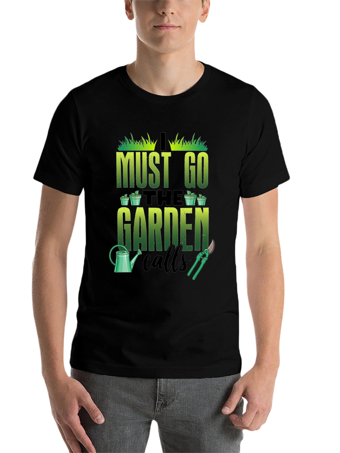 Black Gardening T-Shirt: I Must Go The Garden Calls view 7