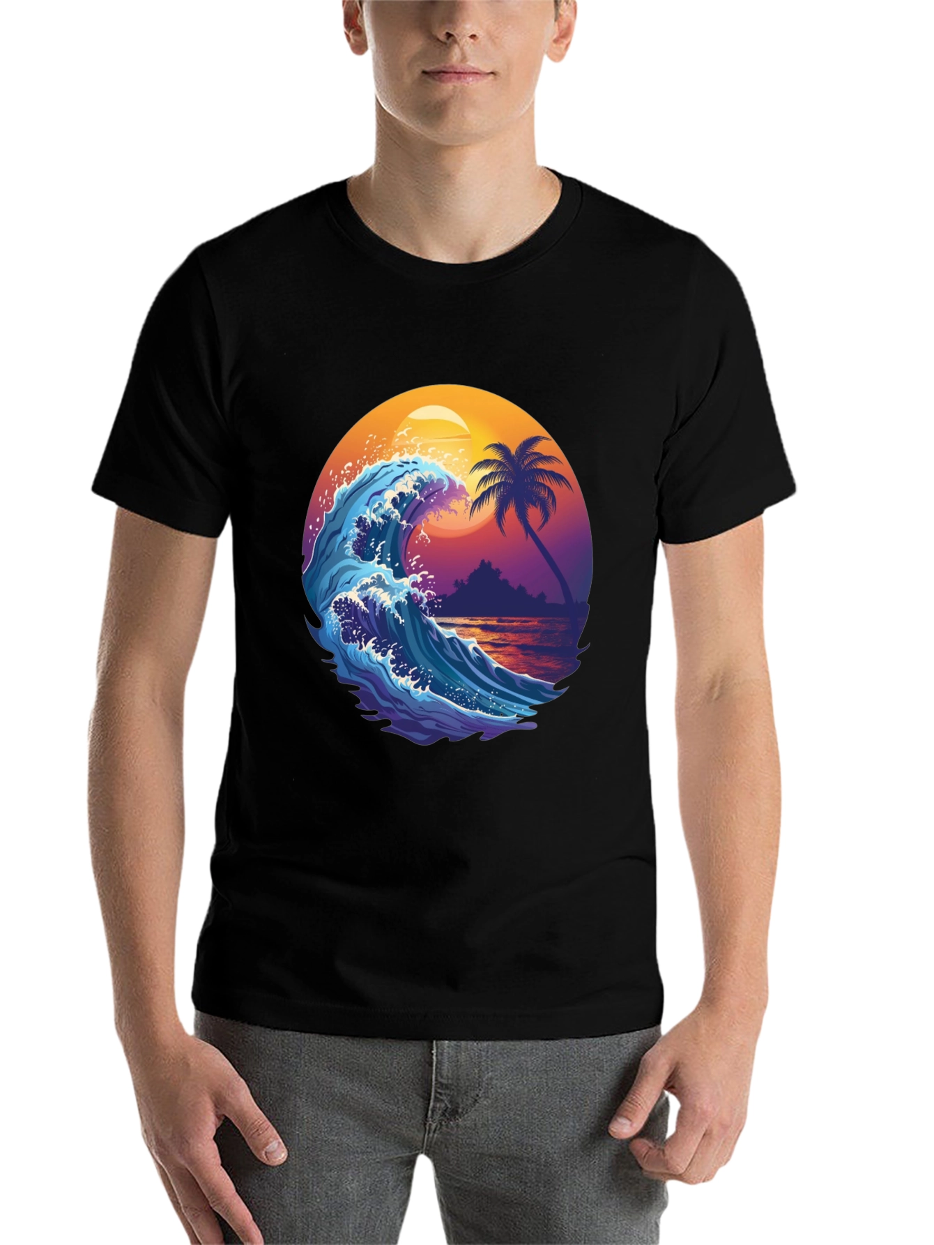 Black Wave & Palm Tree Graphic Tee - Tropical Summer Vibes! view 7