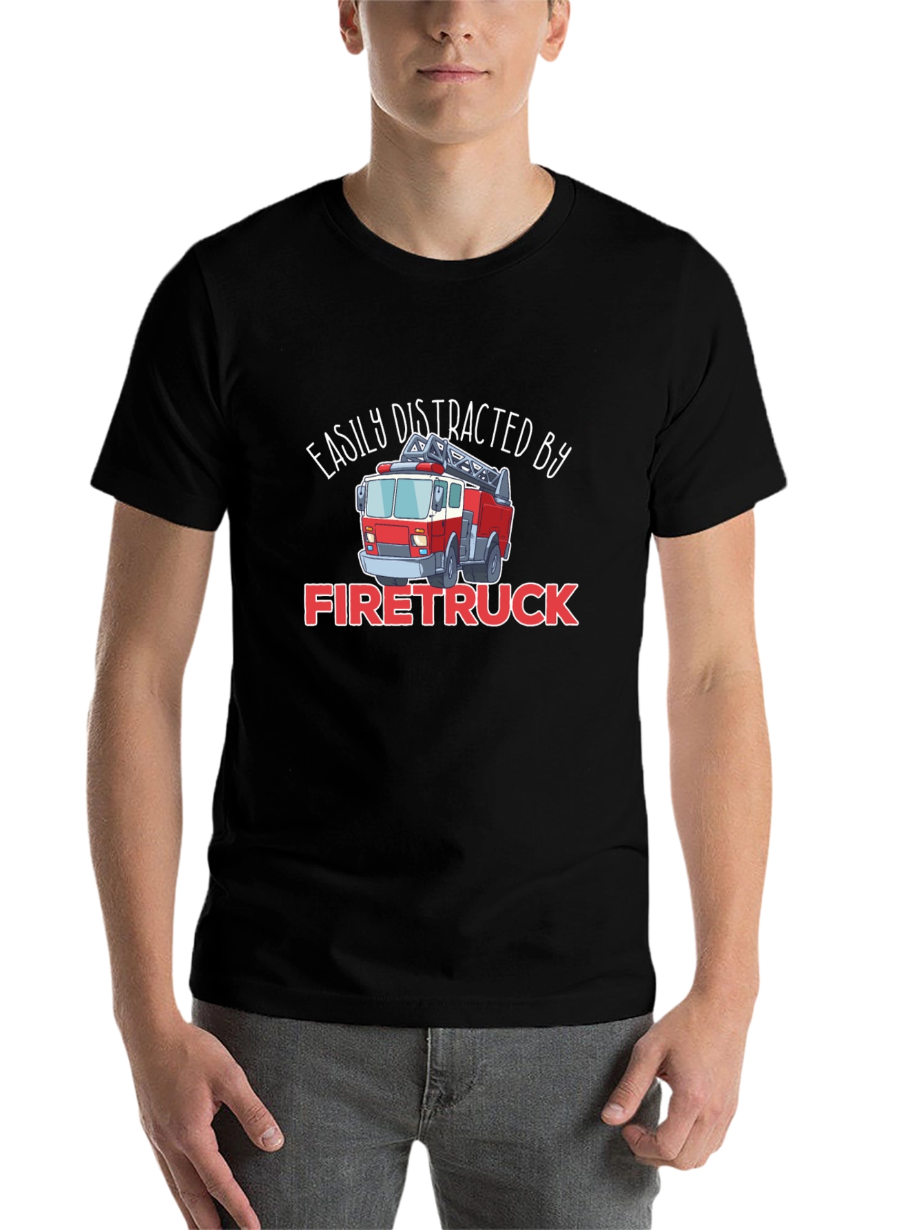 Black Easily Distracted By Firetruck T-Shirt view 7