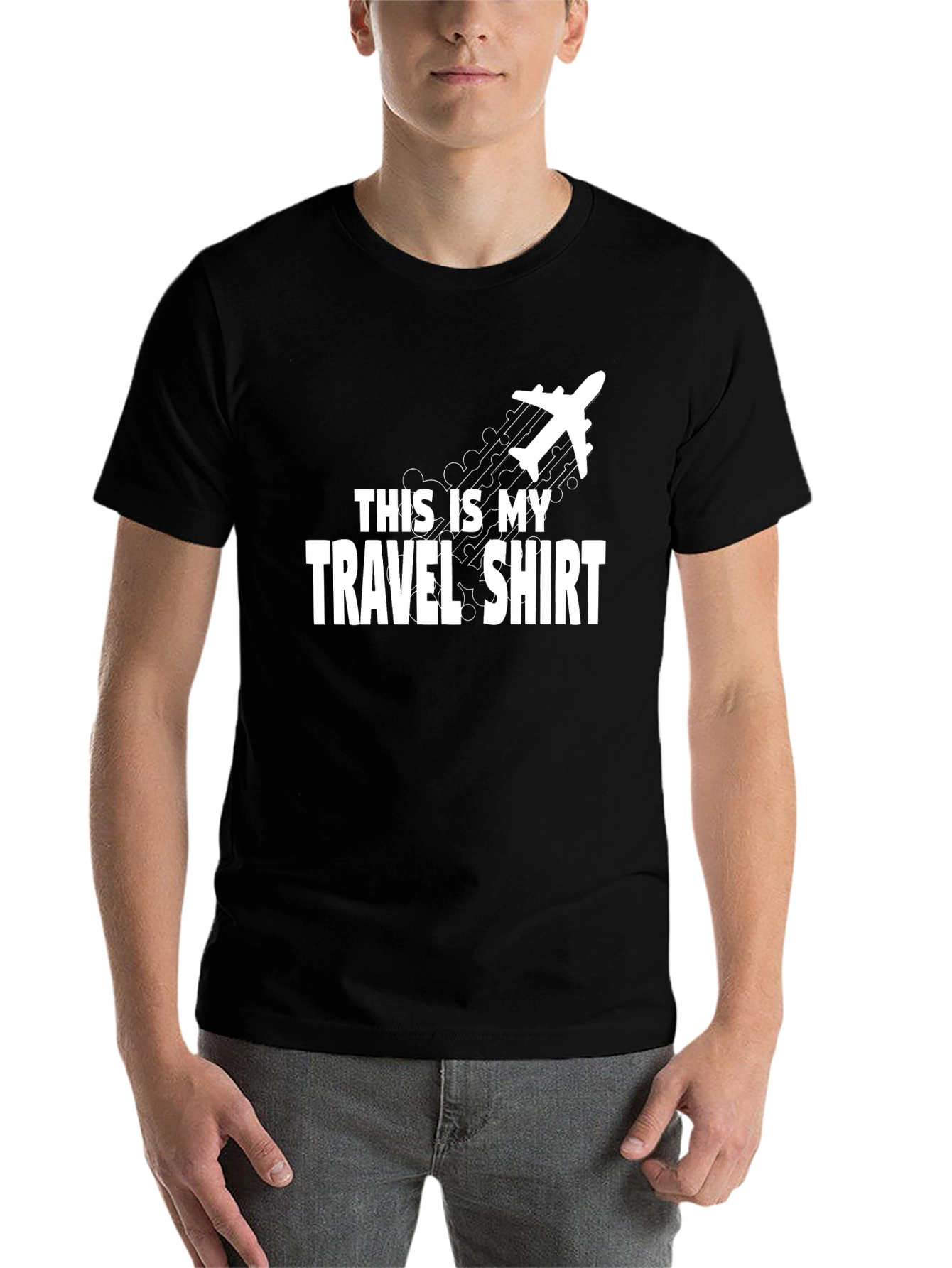 Black Travel Shirt - Black Crew Neck Tee with Airplane Graphic view 7