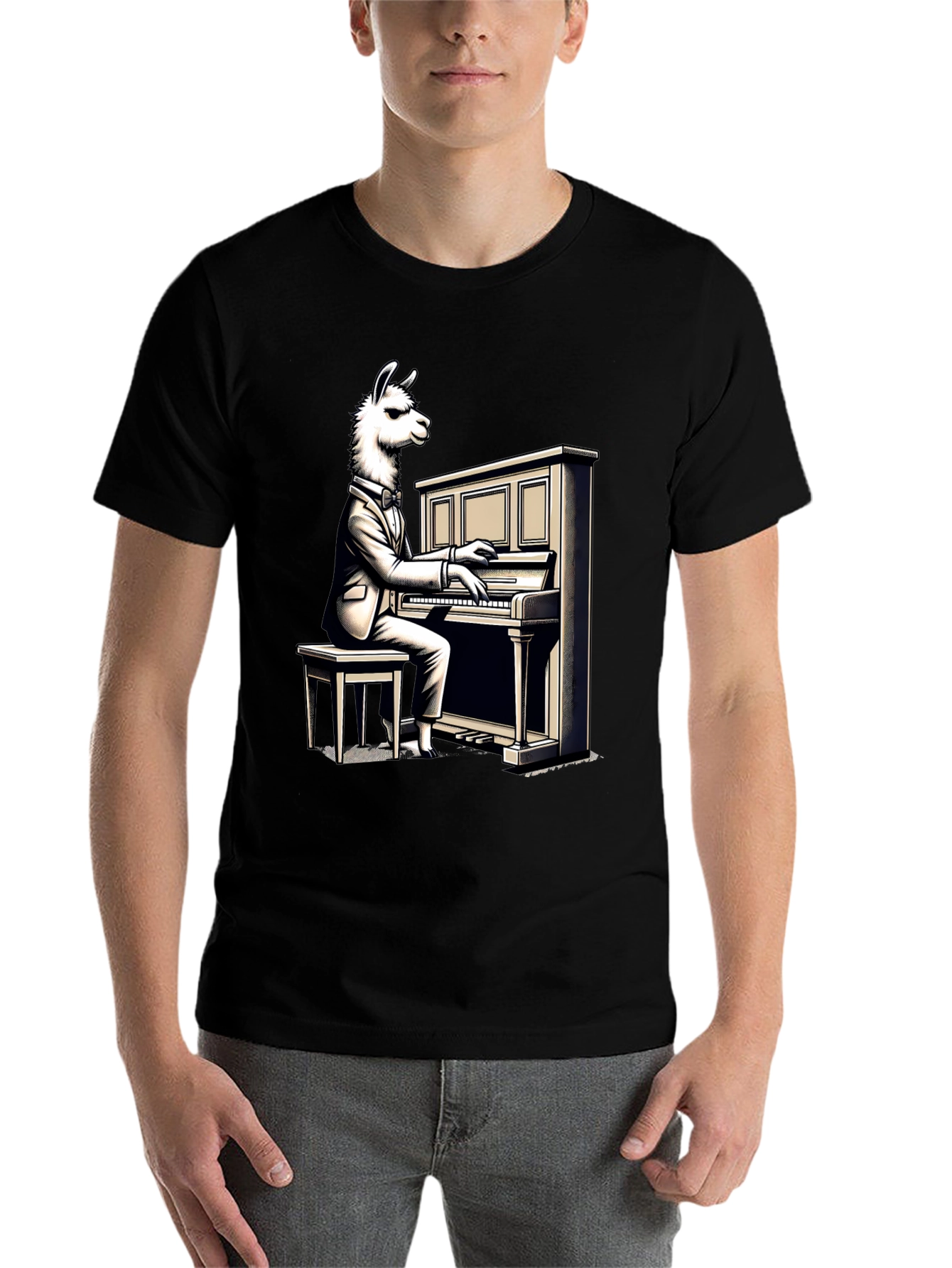 Black Llama Pianist Graphic Tee - Unique Animal Art Shirt view 7