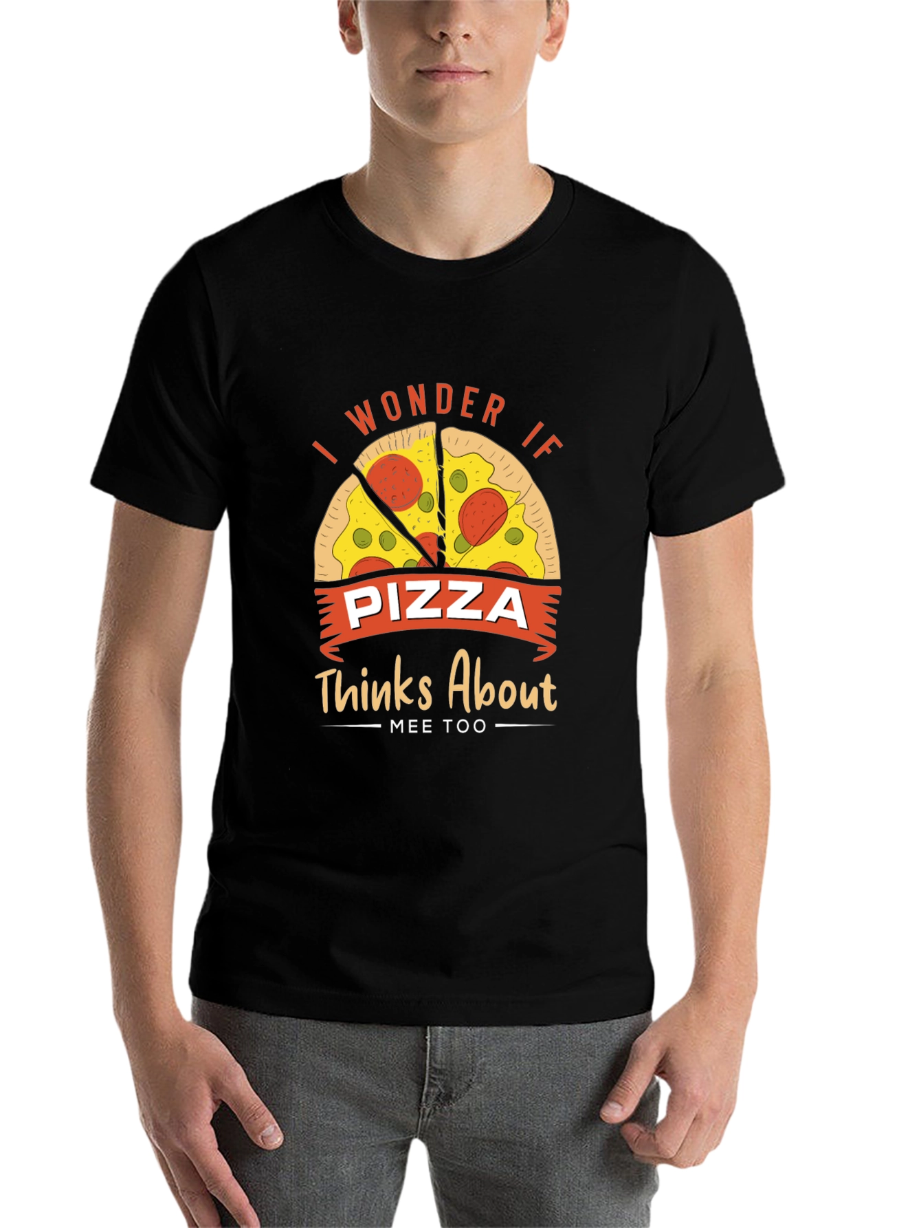 Black Pizza Lover Graphic Tee - I Wonder If Pizza Thinks About Mee Too view 7