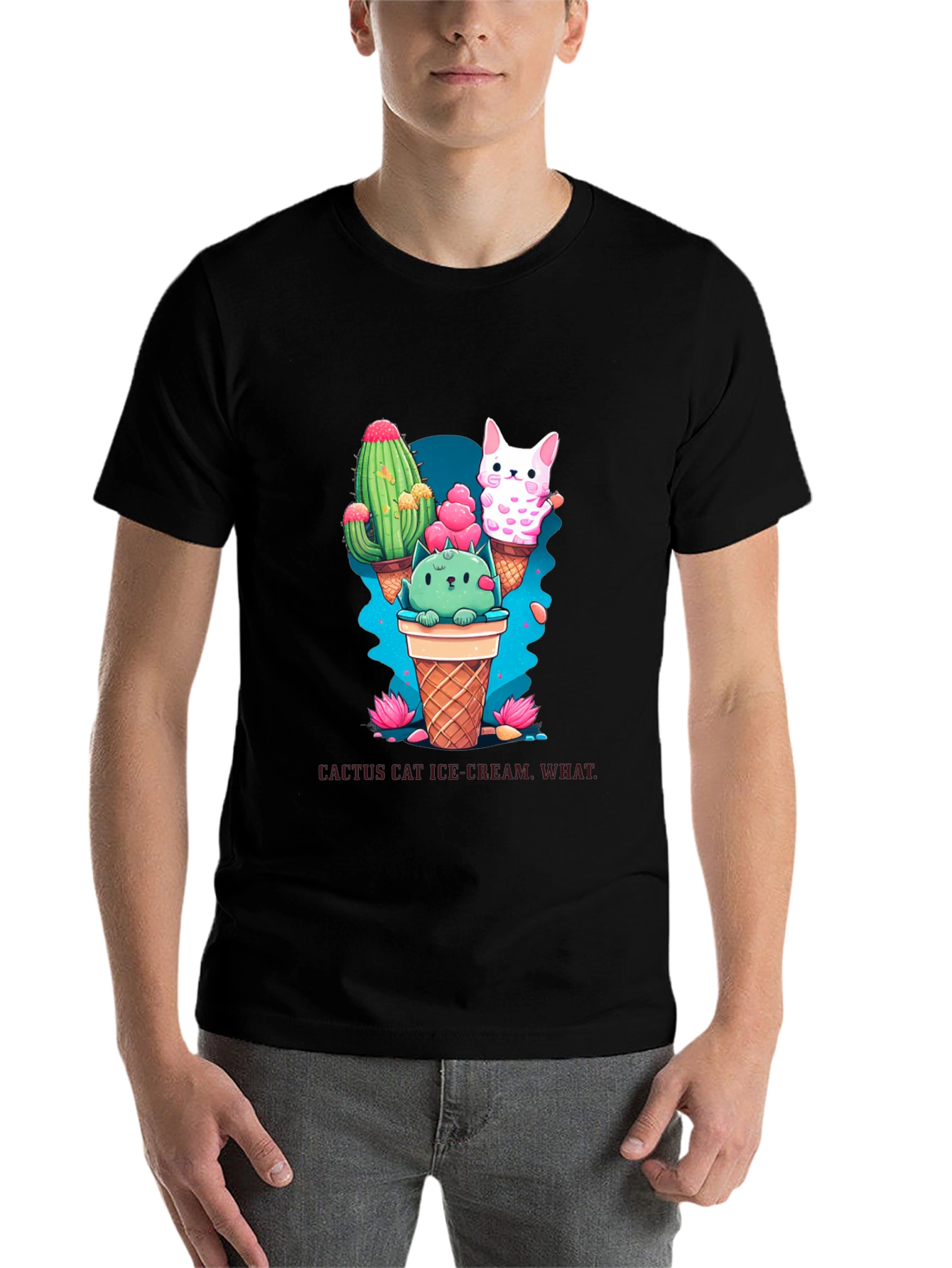 Black Cactus Cat Ice Cream Black T-Shirt view 7