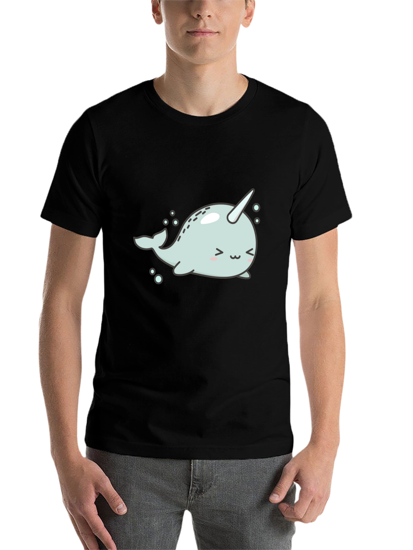 Black Cute Narwhal Graphic Tee - Black Cotton T-Shirt view 7