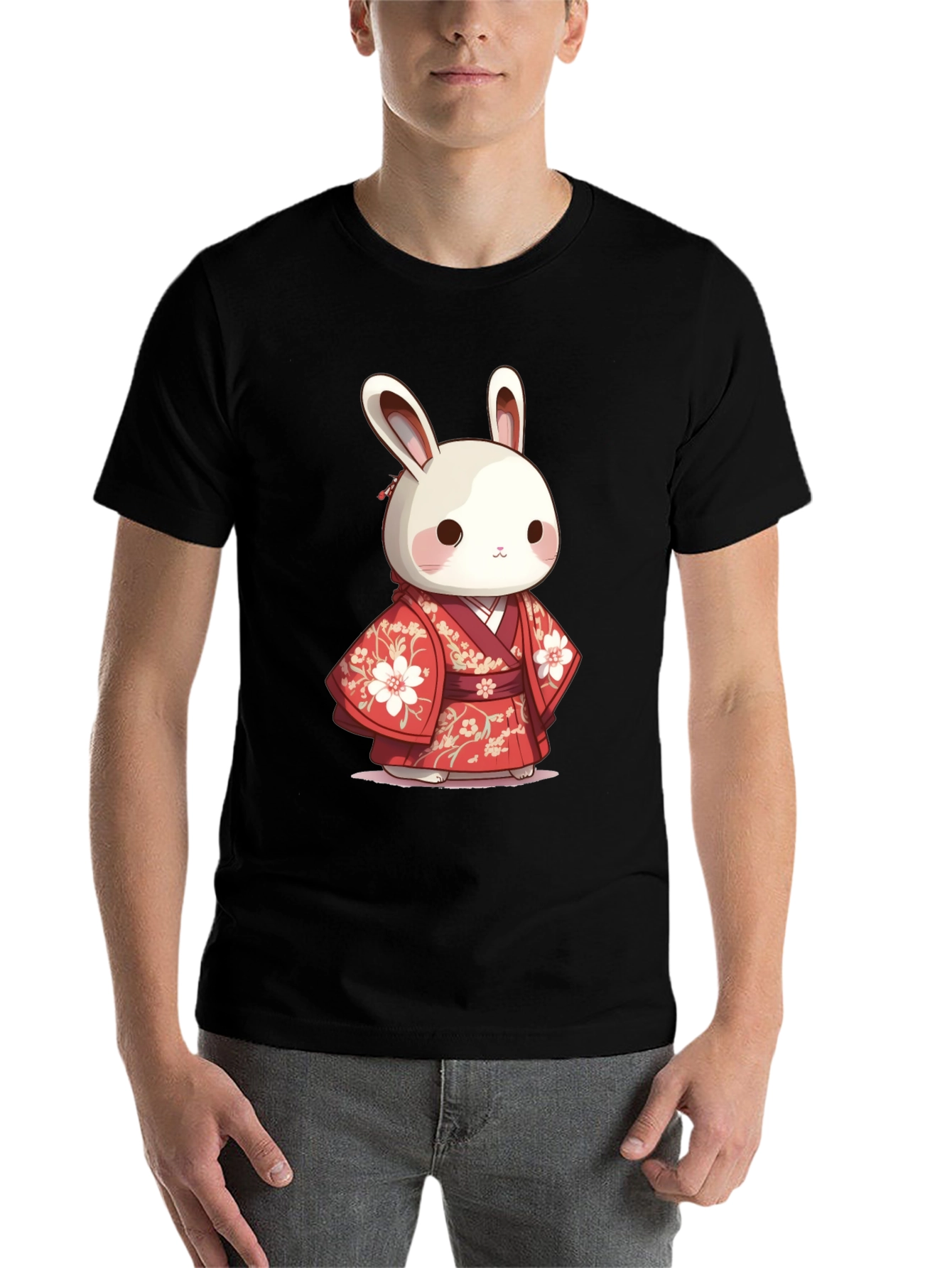 Black Cute Bunny in Kimono T-Shirt view 7