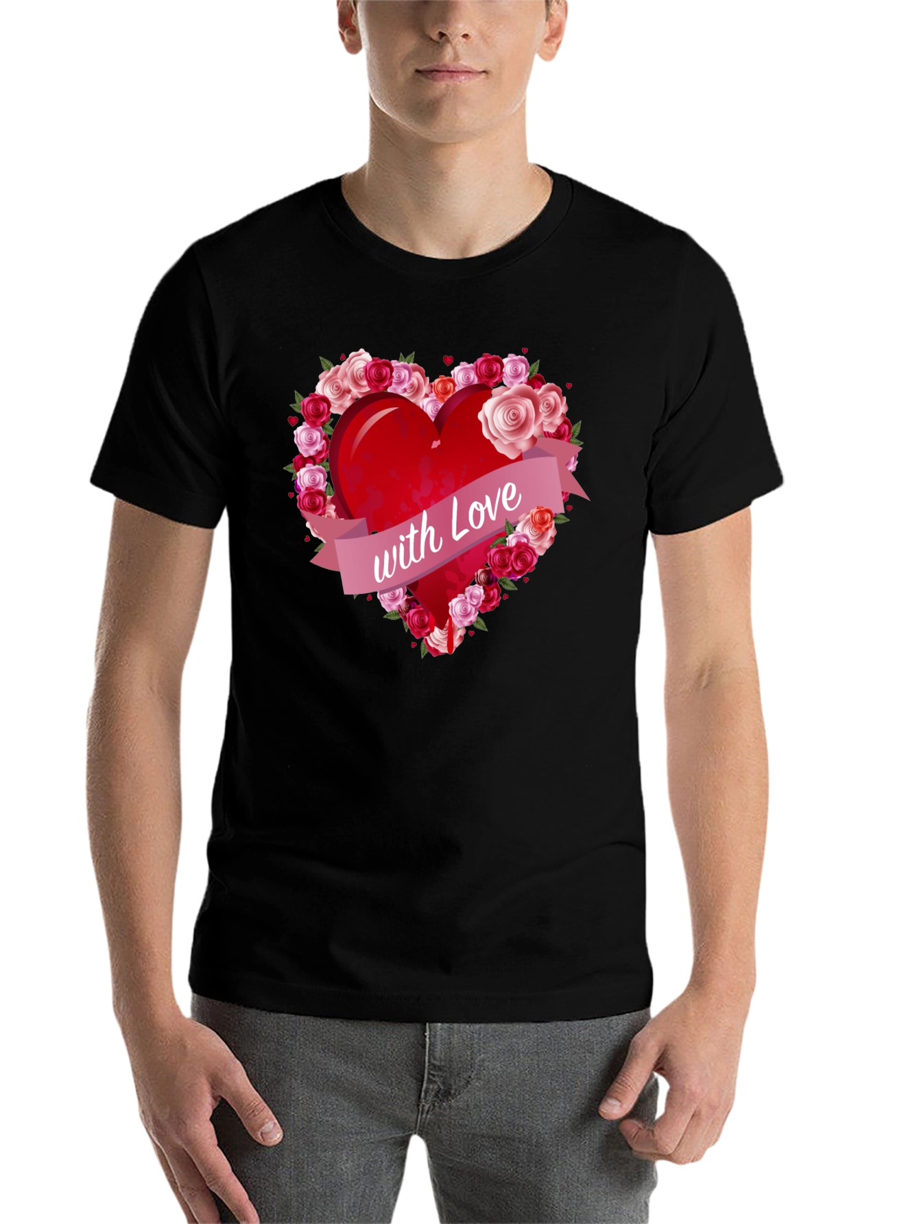 Black Heart with Roses Graphic Tee - Love Design T-Shirt view 7