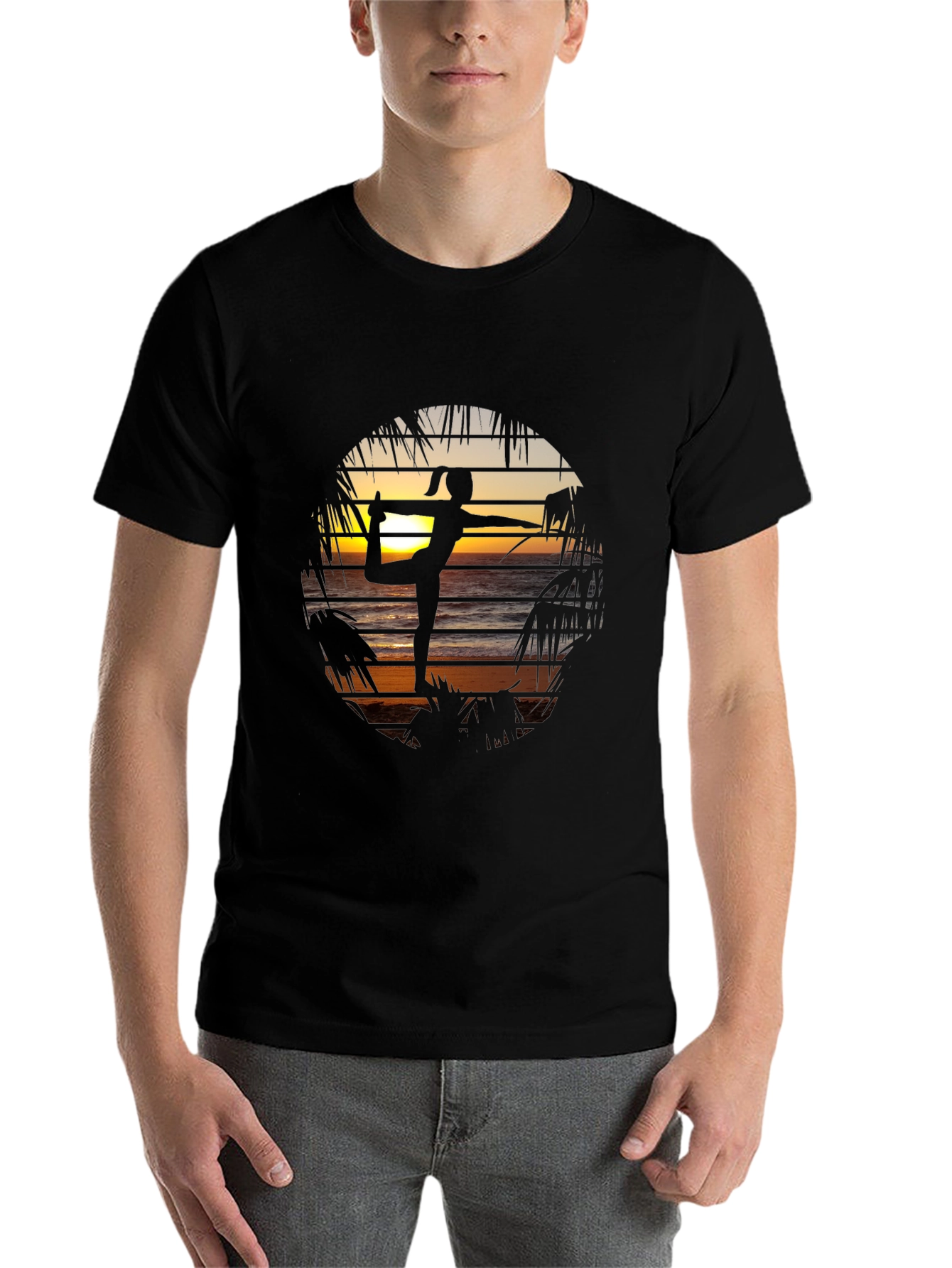 Black Yoga Sunset Graphic Tee - Zen Beach Vibes T-Shirt view 7