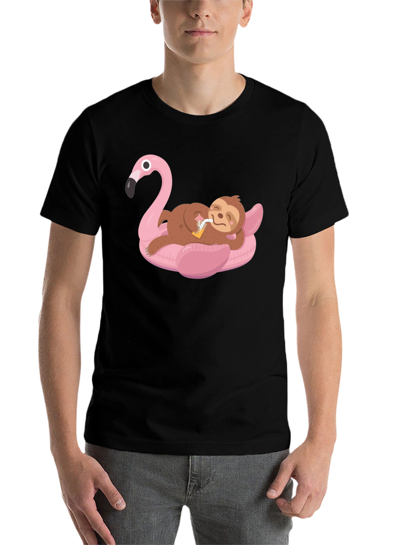 Black Sloth on Flamingo Pool Float Graphic Tee view 7