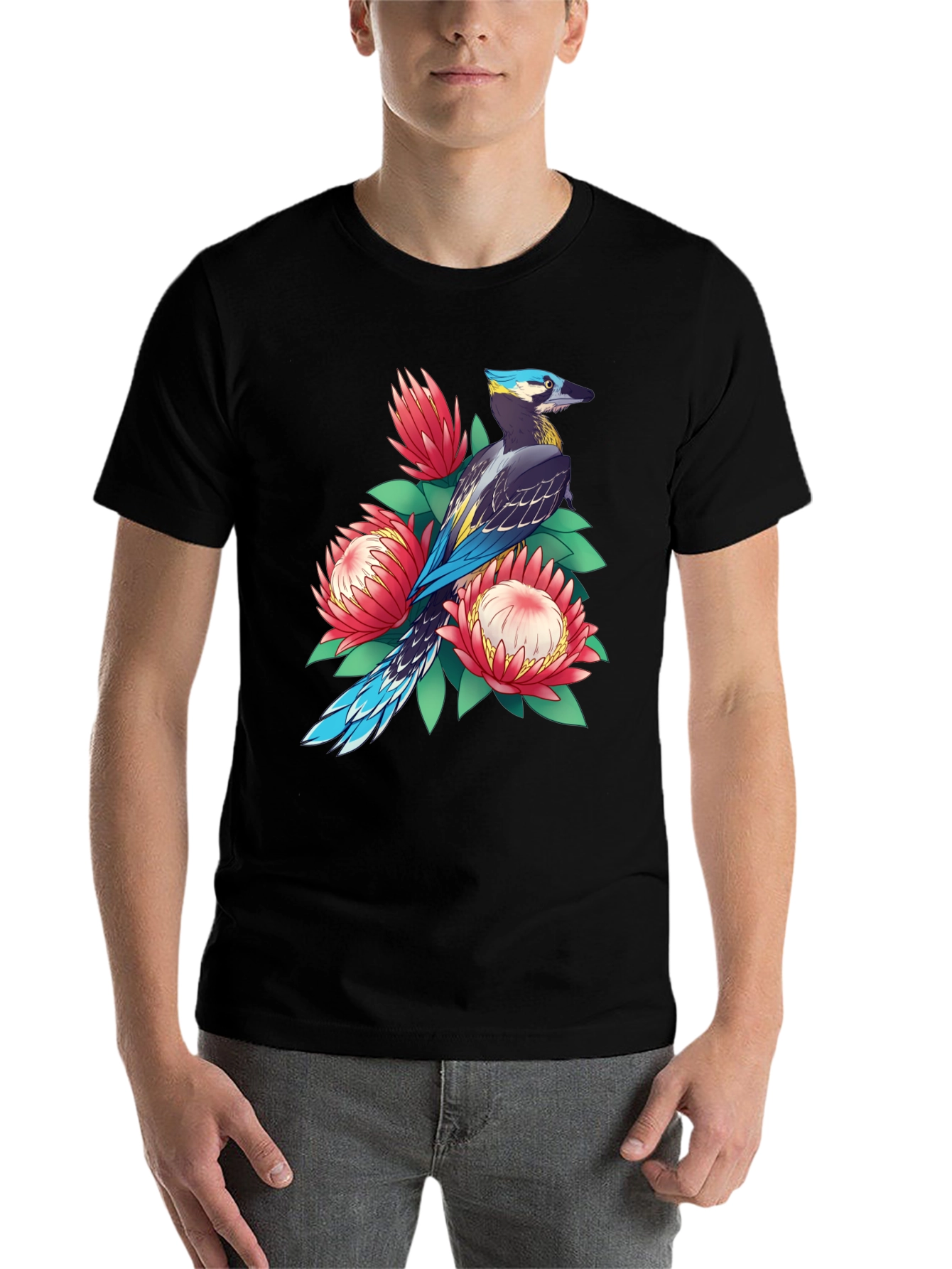 Black Bird & Floral Print T-Shirt - Casual Style view 7