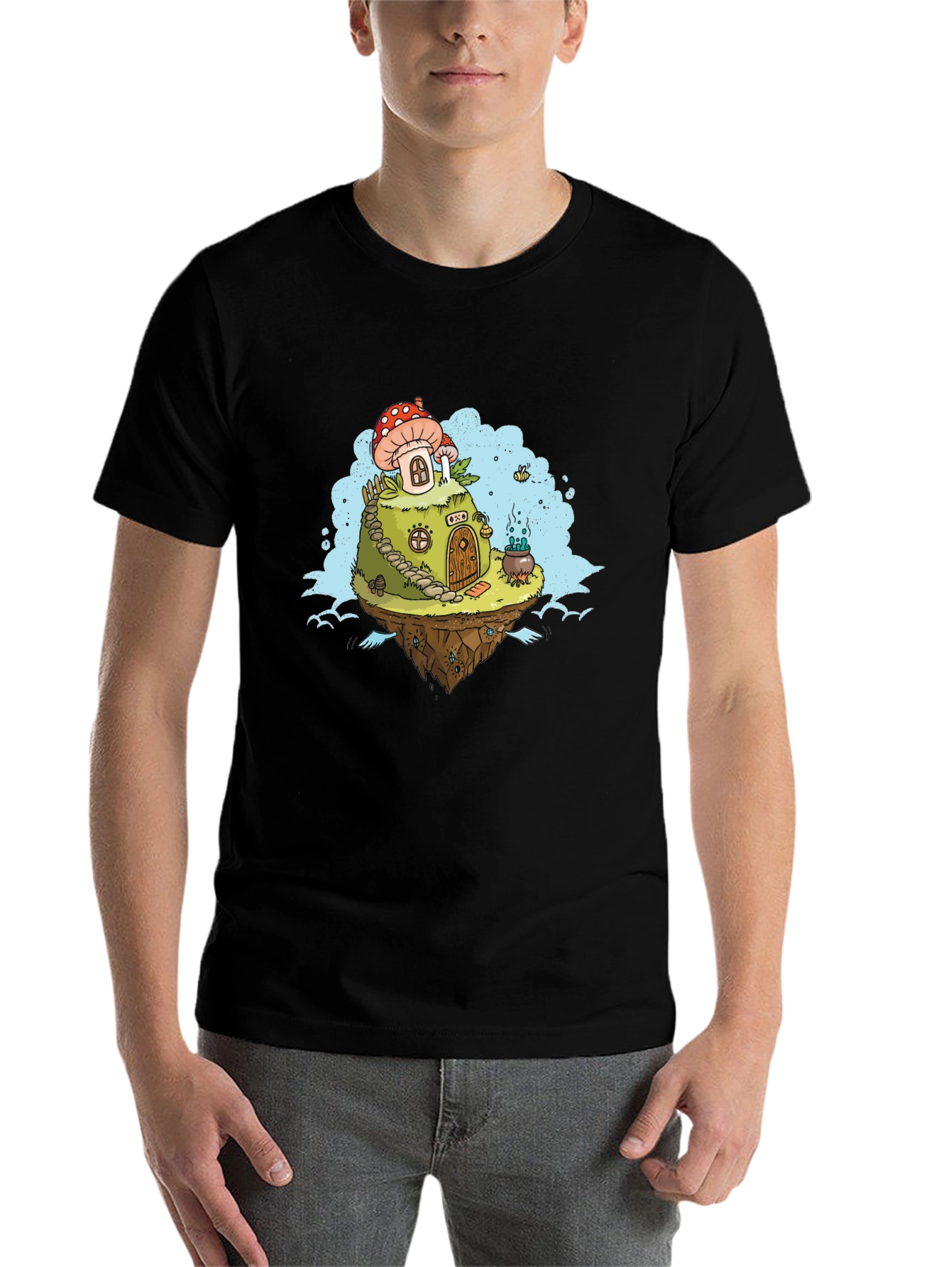 Black Mushroom House Island Graphic Tee - Whimsical Fantasy Design view 7