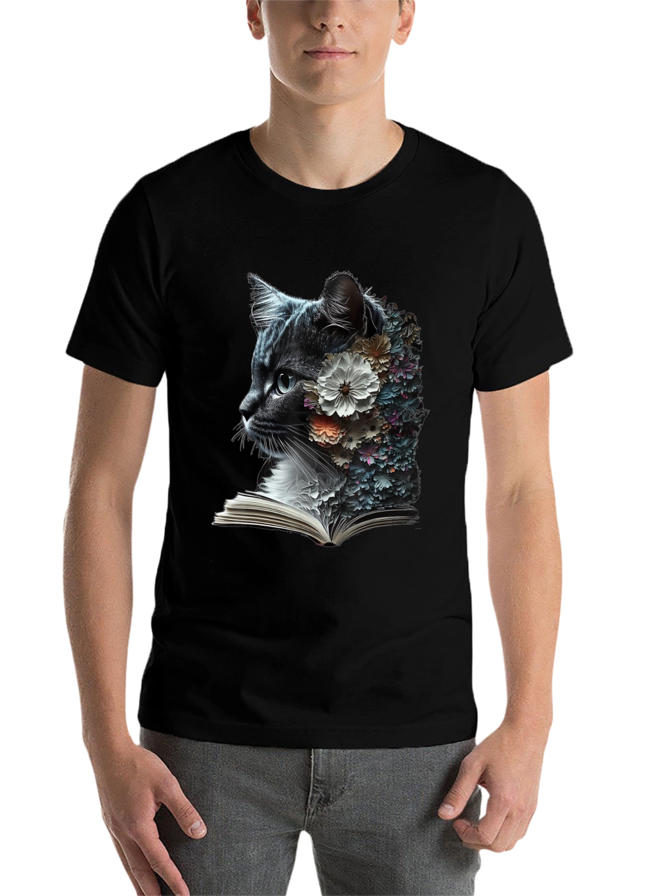Black Floral Cat Reader Graphic T-Shirt view 7