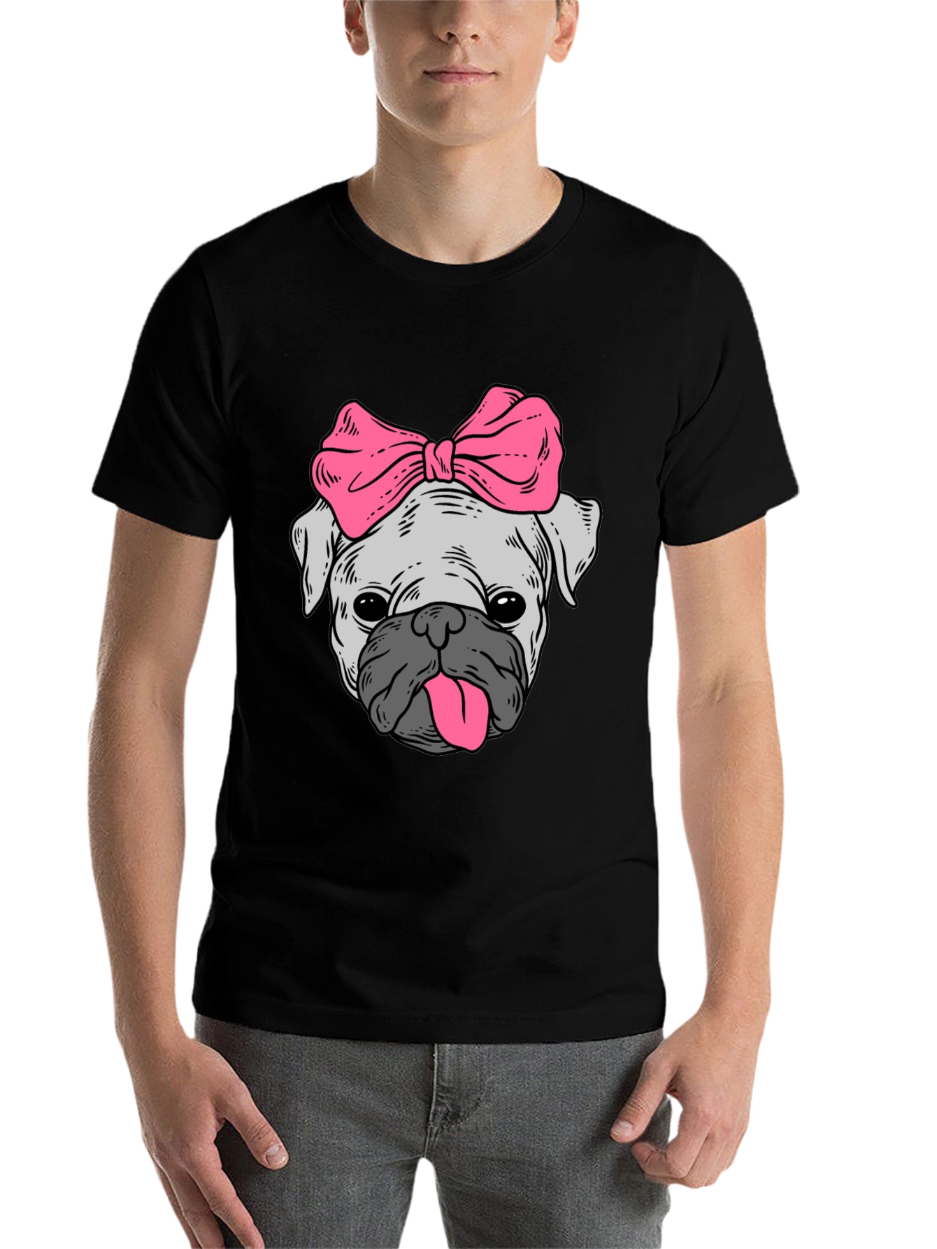 Black Cute Pug with Bow Graphic Tee - Unisex Black T-Shirt view 7