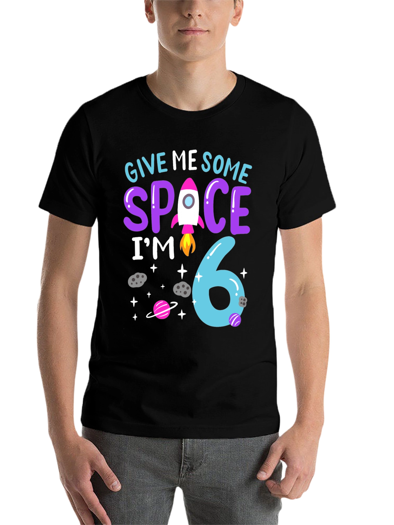 Black Give Me Some Space, I'm 6 Birthday T-Shirt view 7