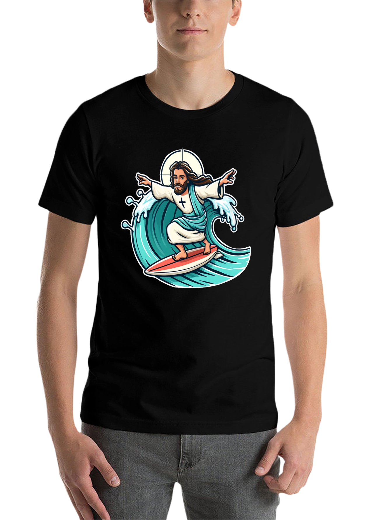Black Surfing Jesus Graphic T-Shirt view 7