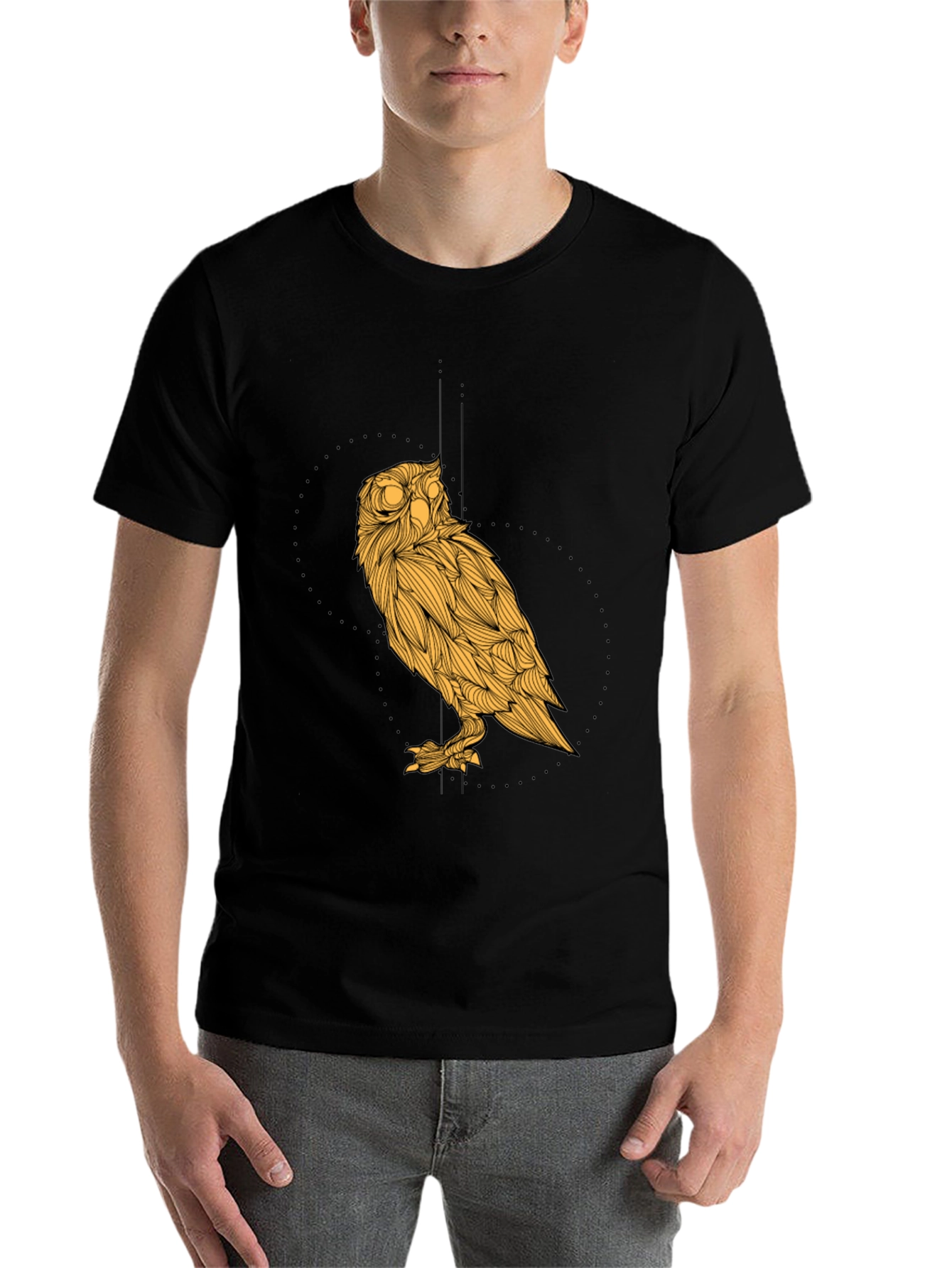 Black Men's Black T-Shirt with Golden Owl Graphic view 7
