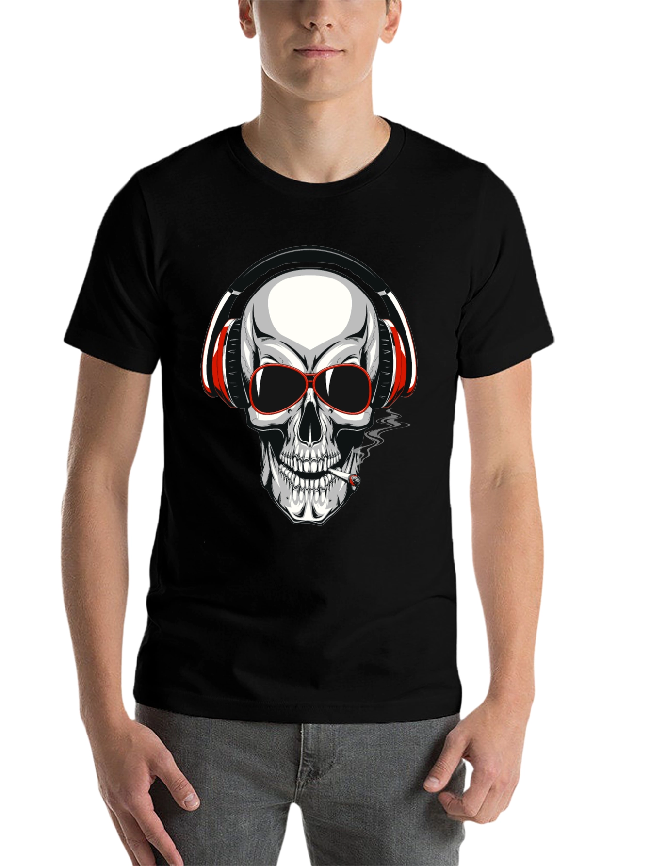 Black Skull with Headphones Graphic T-Shirt view 7