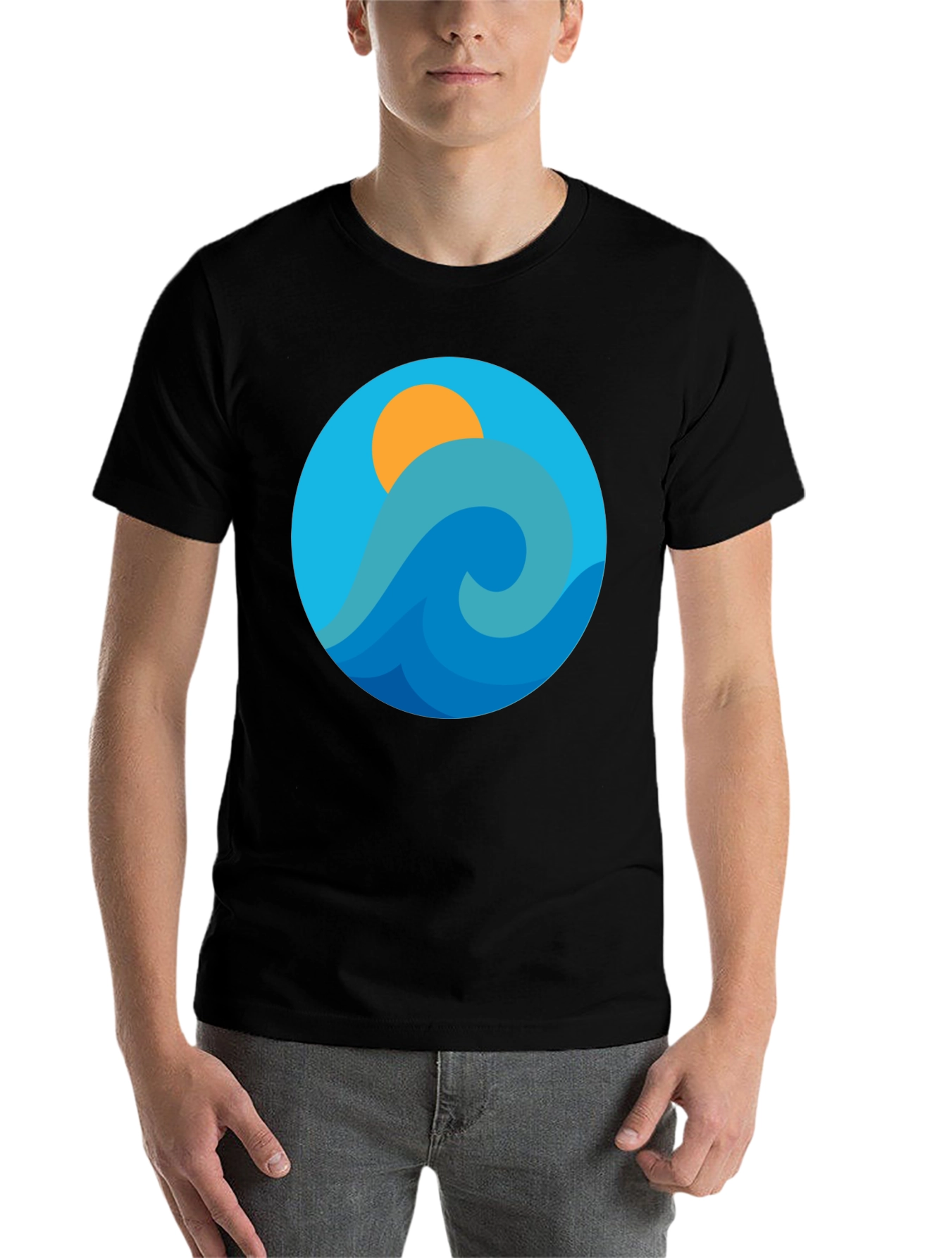Black Ocean Wave Graphic Tee - Black Cotton Blend T-Shirt view 7