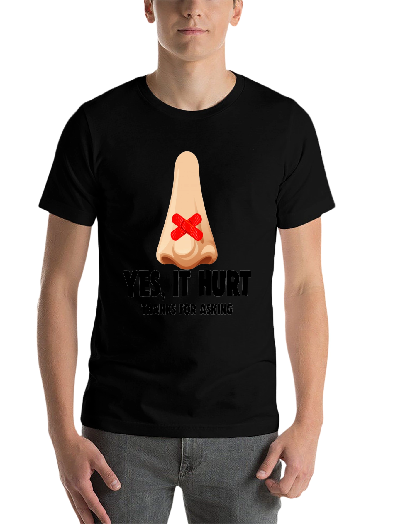 Black Humorous "Yes, It Hurt" Nose Patch T-Shirt view 7