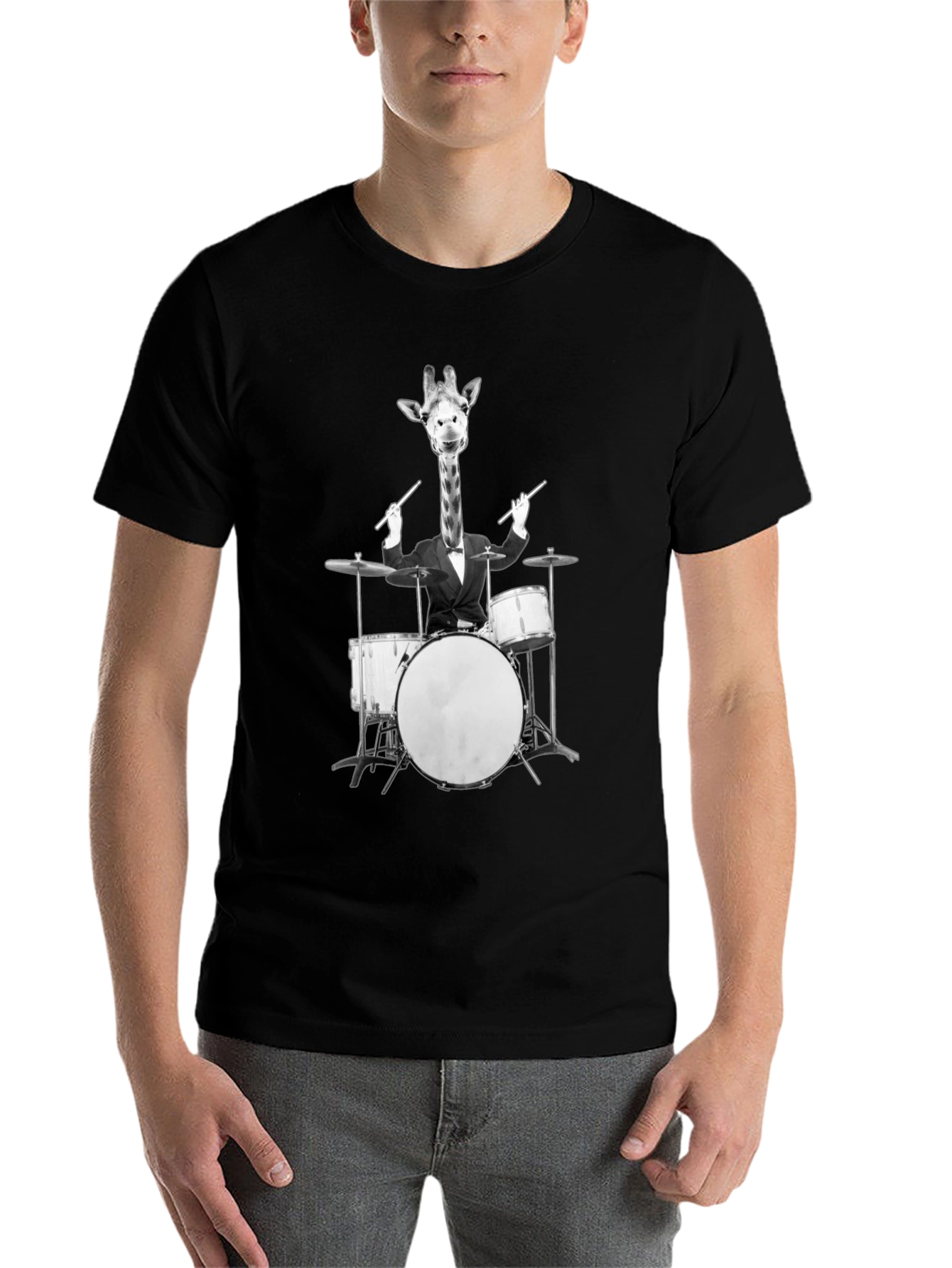 Black Giraffe Drummer Graphic Tee - Cool Novelty T-Shirt view 7