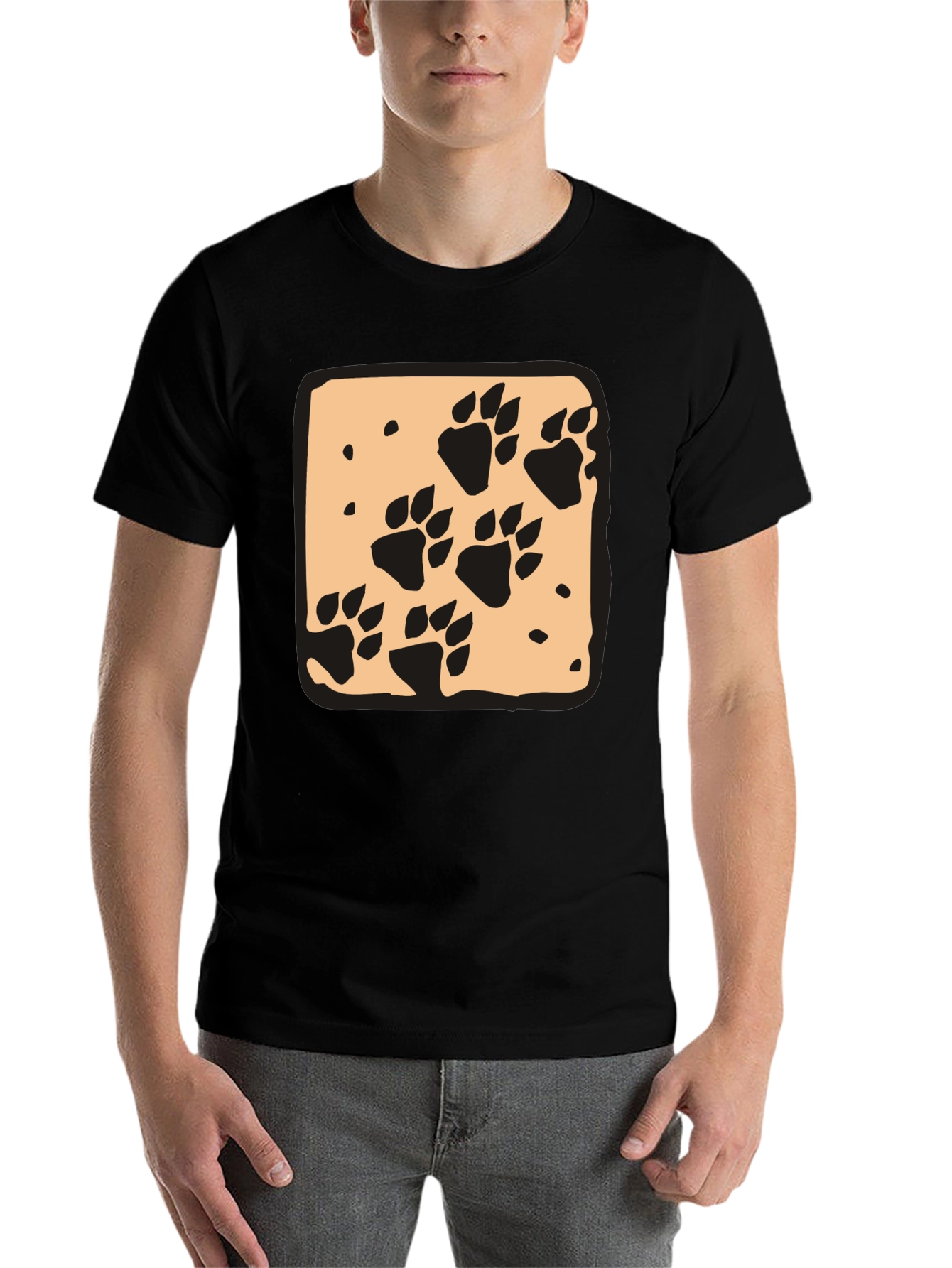 Black Paw Print Graphic Tee - Black Crew Neck Casual T-Shirt view 7