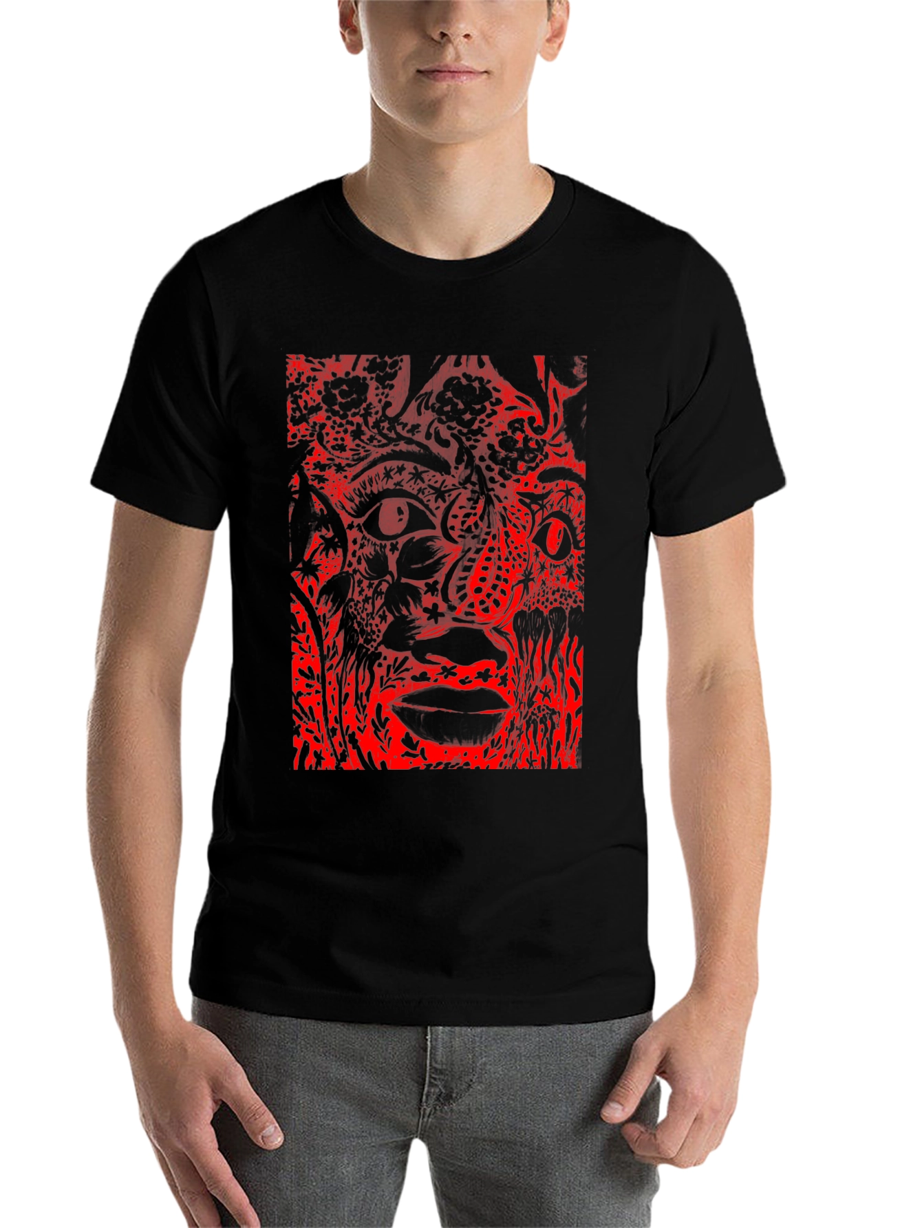 Black Abstract Red Print Black T-Shirt view 7
