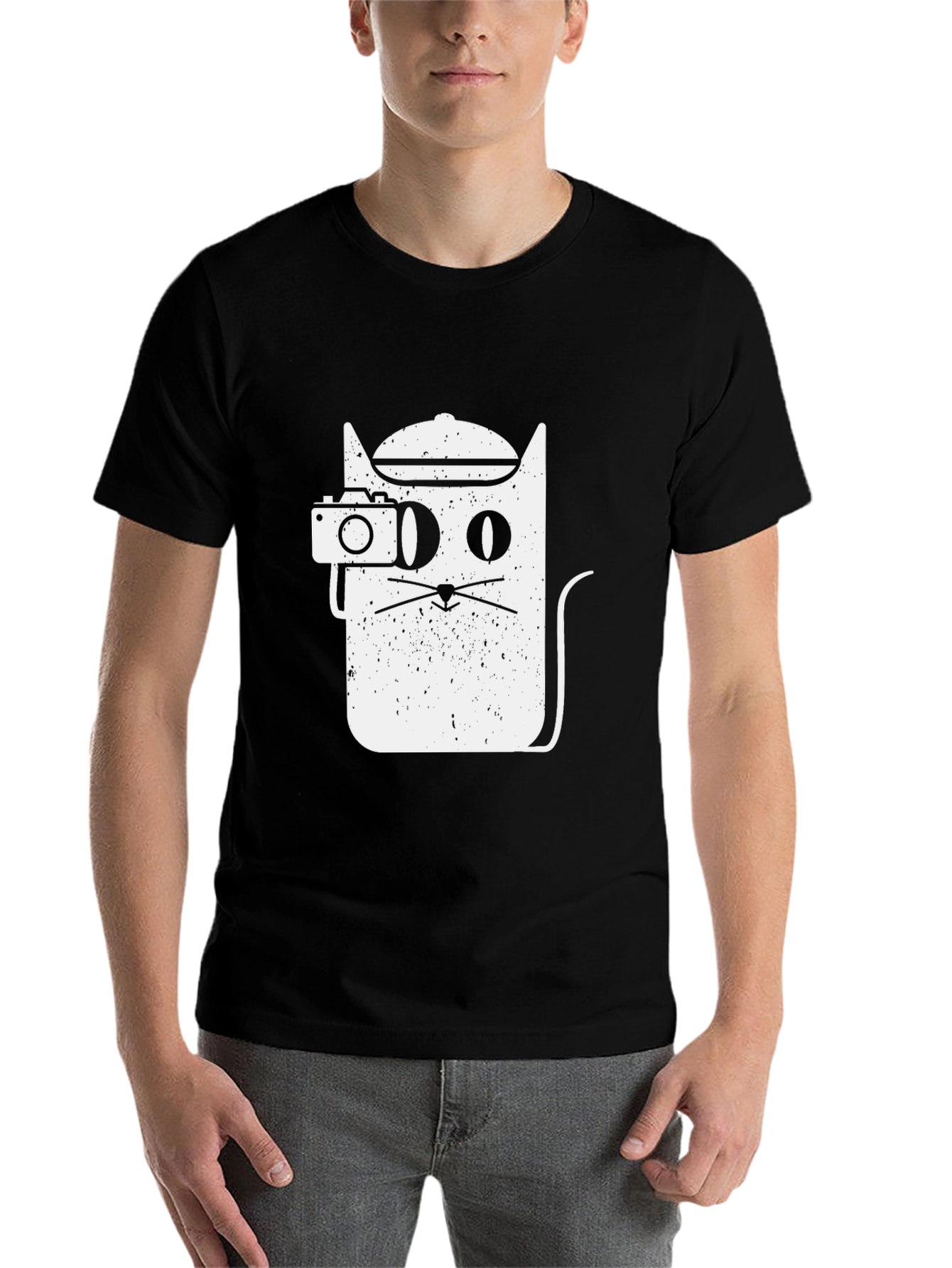 Black Cool Cat Photographer Graphic Tee - Unisex Black T-Shirt view 7