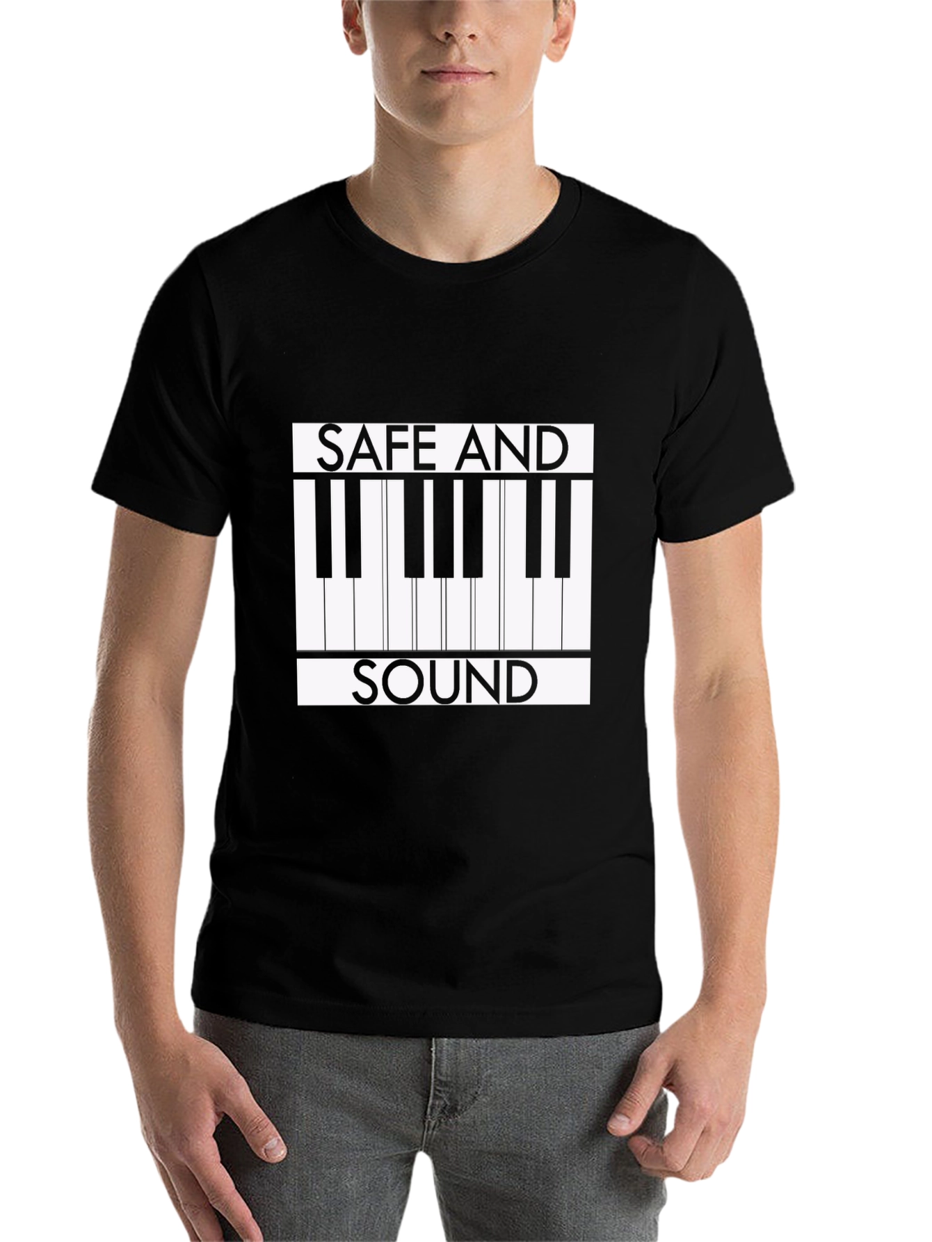 Black Safe and Sound Piano Keys Graphic Tee view 7