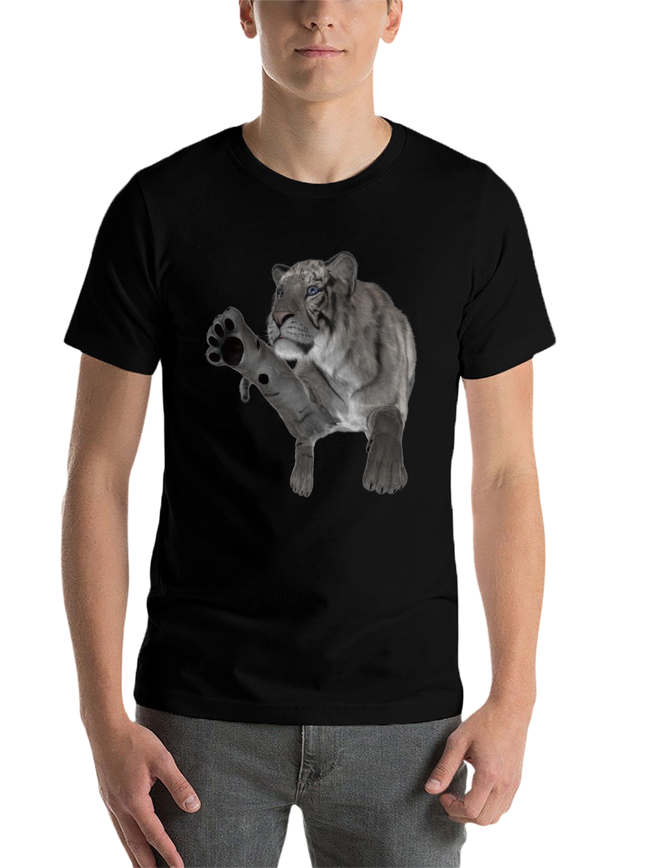 Black Men's Black T-Shirt with White Tiger Graphic view 7