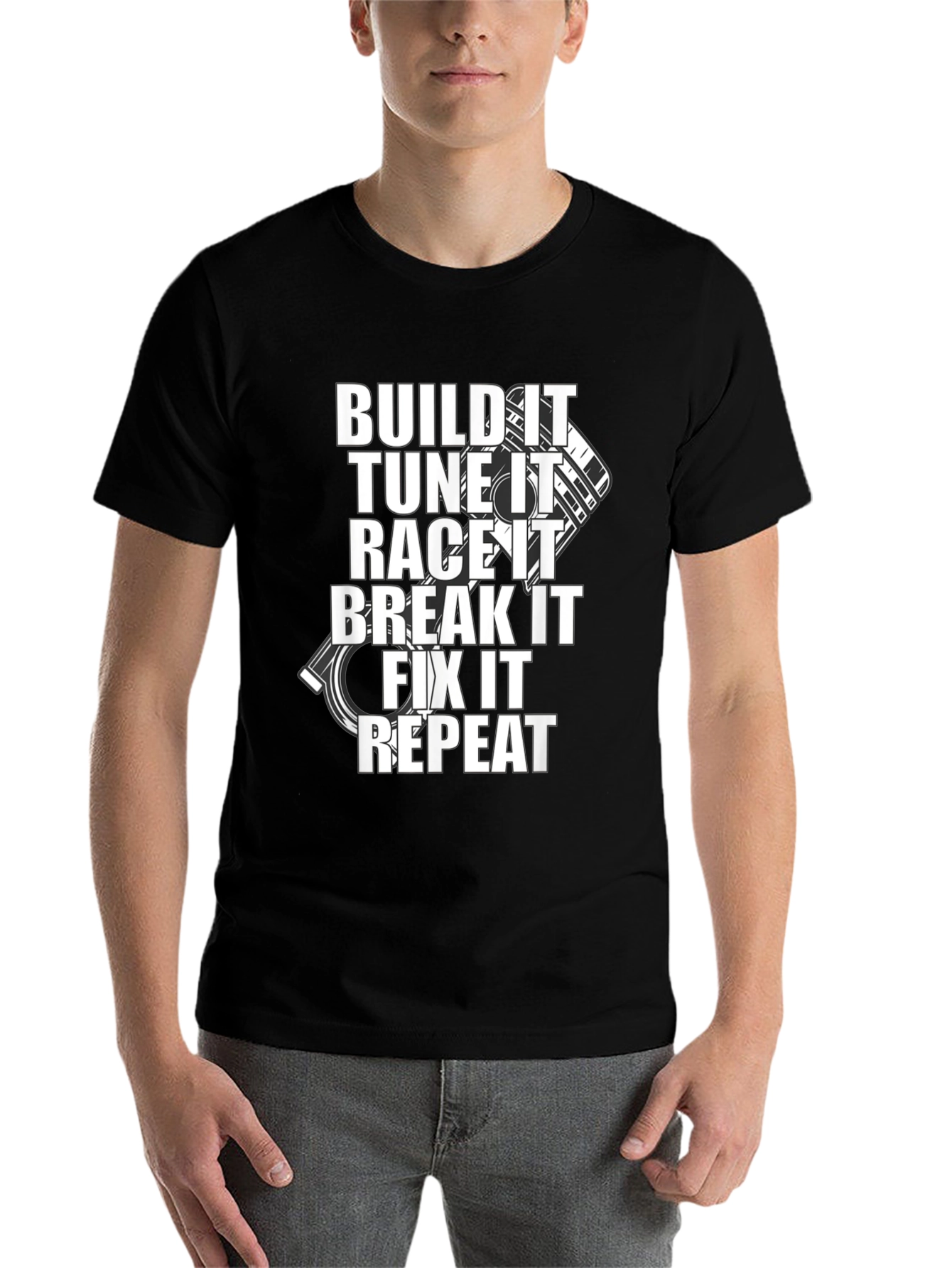 Black Build, Tune, Race, Repeat Black T-Shirt view 7