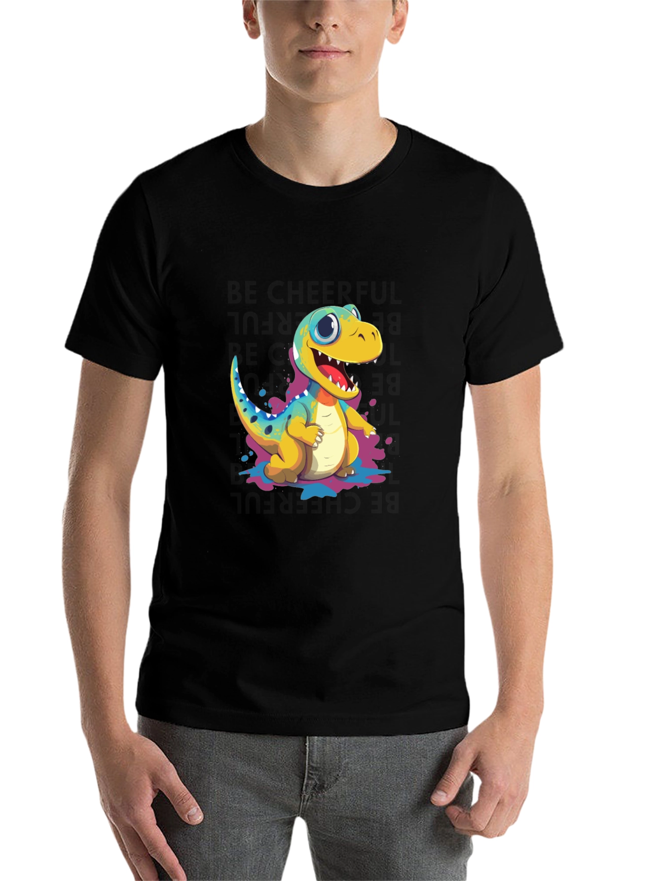 Black Cute Cartoon Dinosaur Black T-Shirt view 7