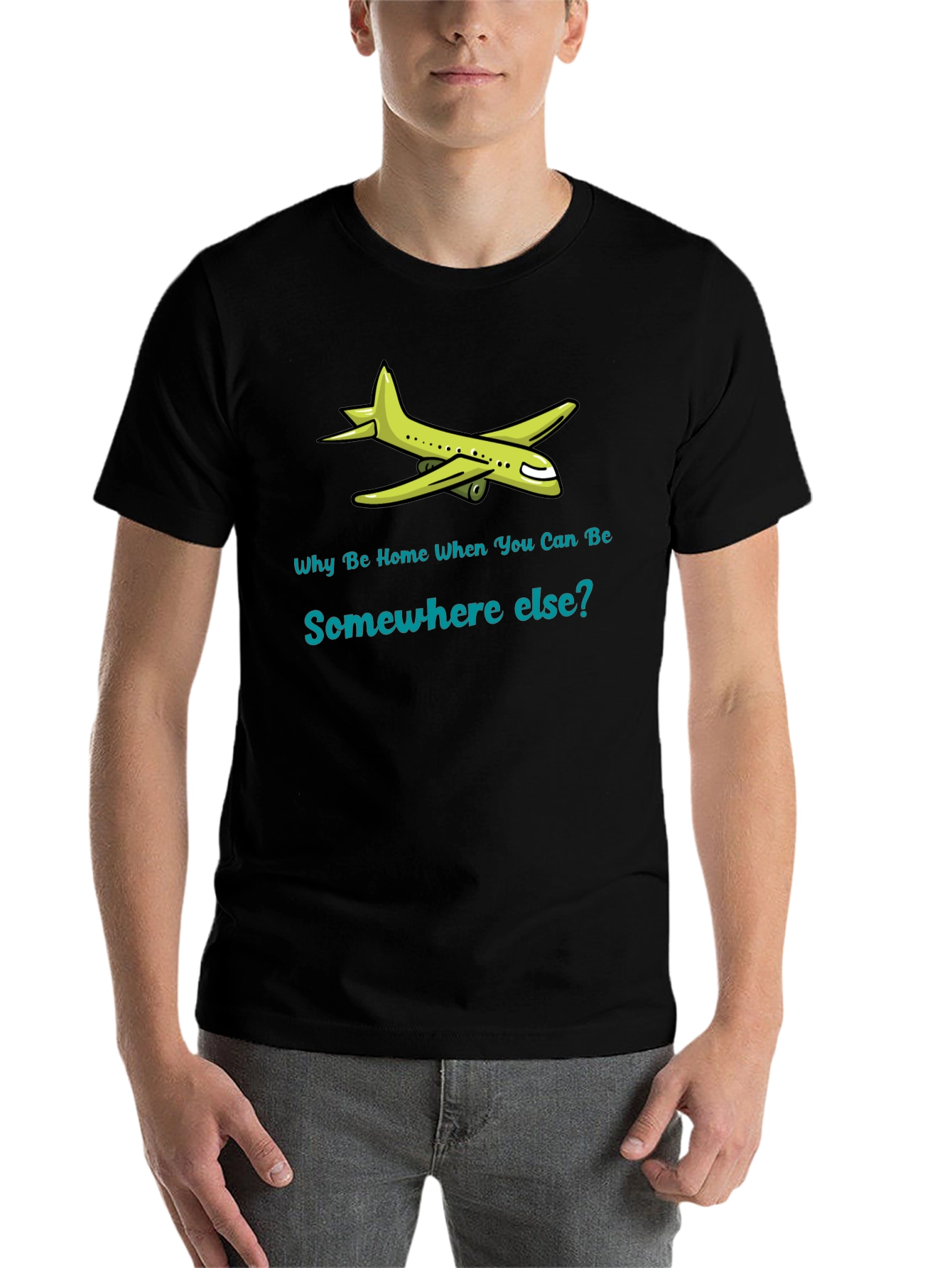 Black Travel T-Shirt: Why Be Home? Airplane Graphic Tee view 7