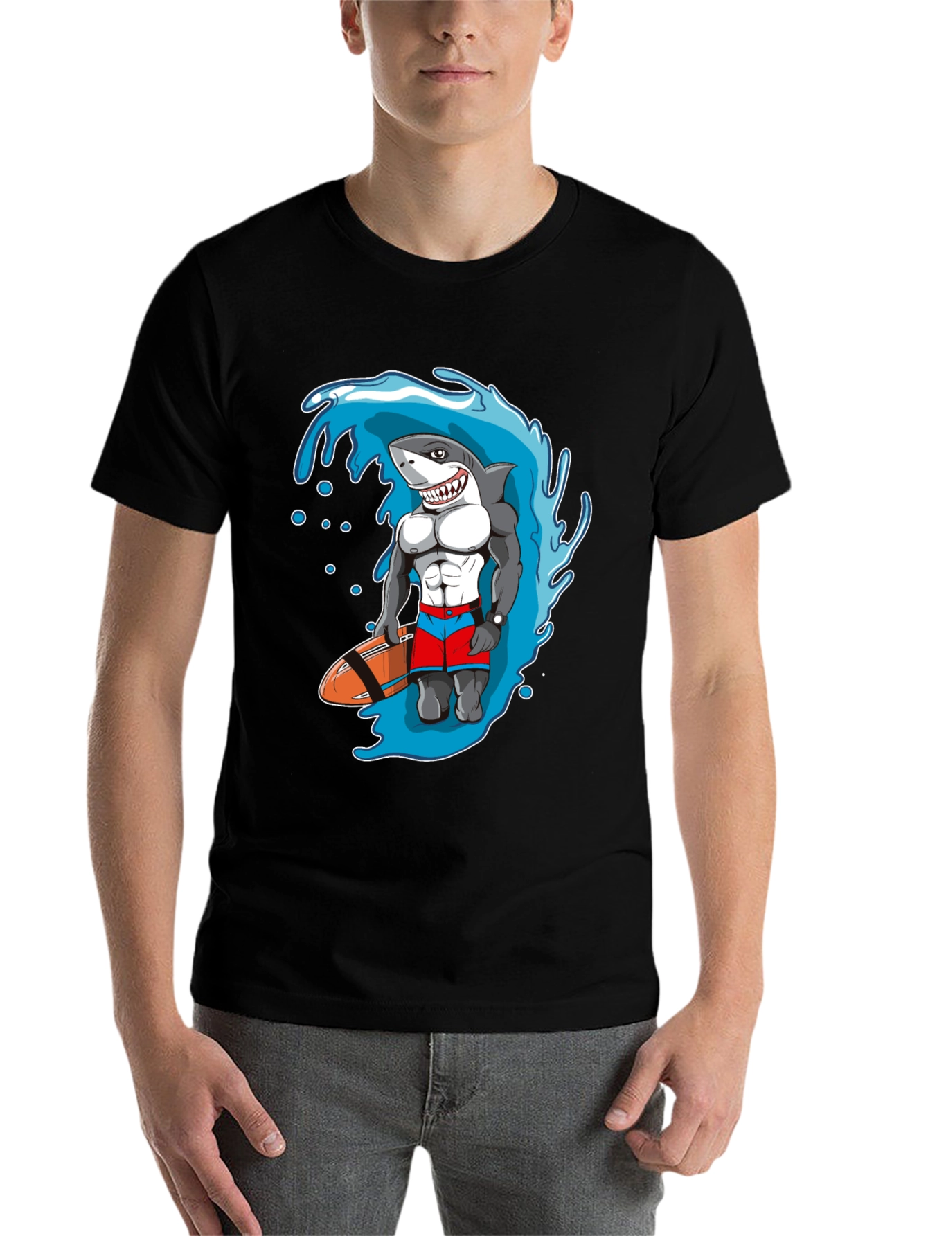 Black Shark Lifeguard Black T-Shirt, Funny Cartoon Design view 7
