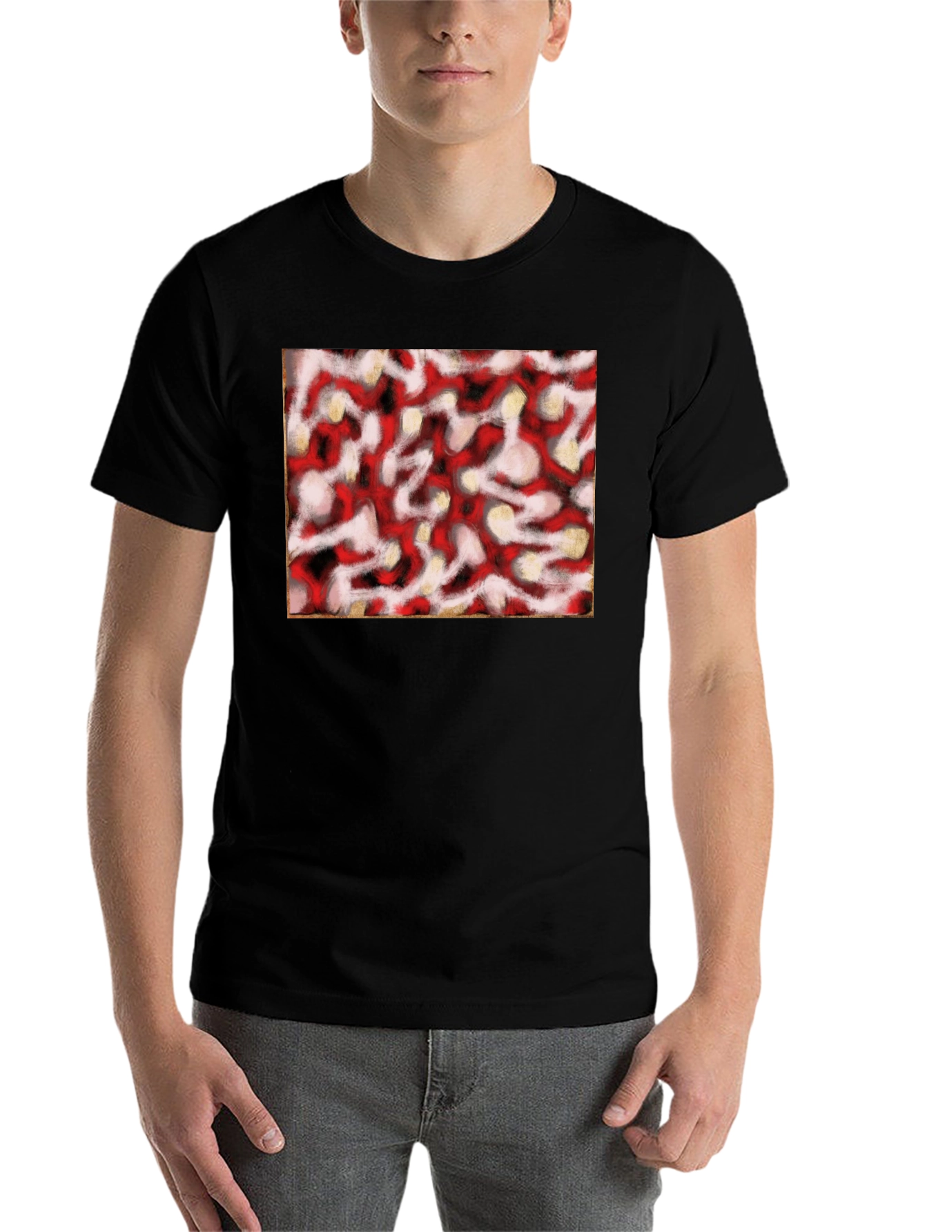 Black Abstract Red & White Pattern Black T-Shirt view 7