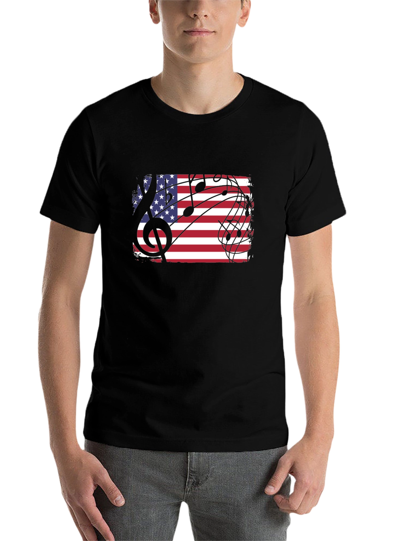 Black American Flag Music Notes Men's Black T-Shirt view 7