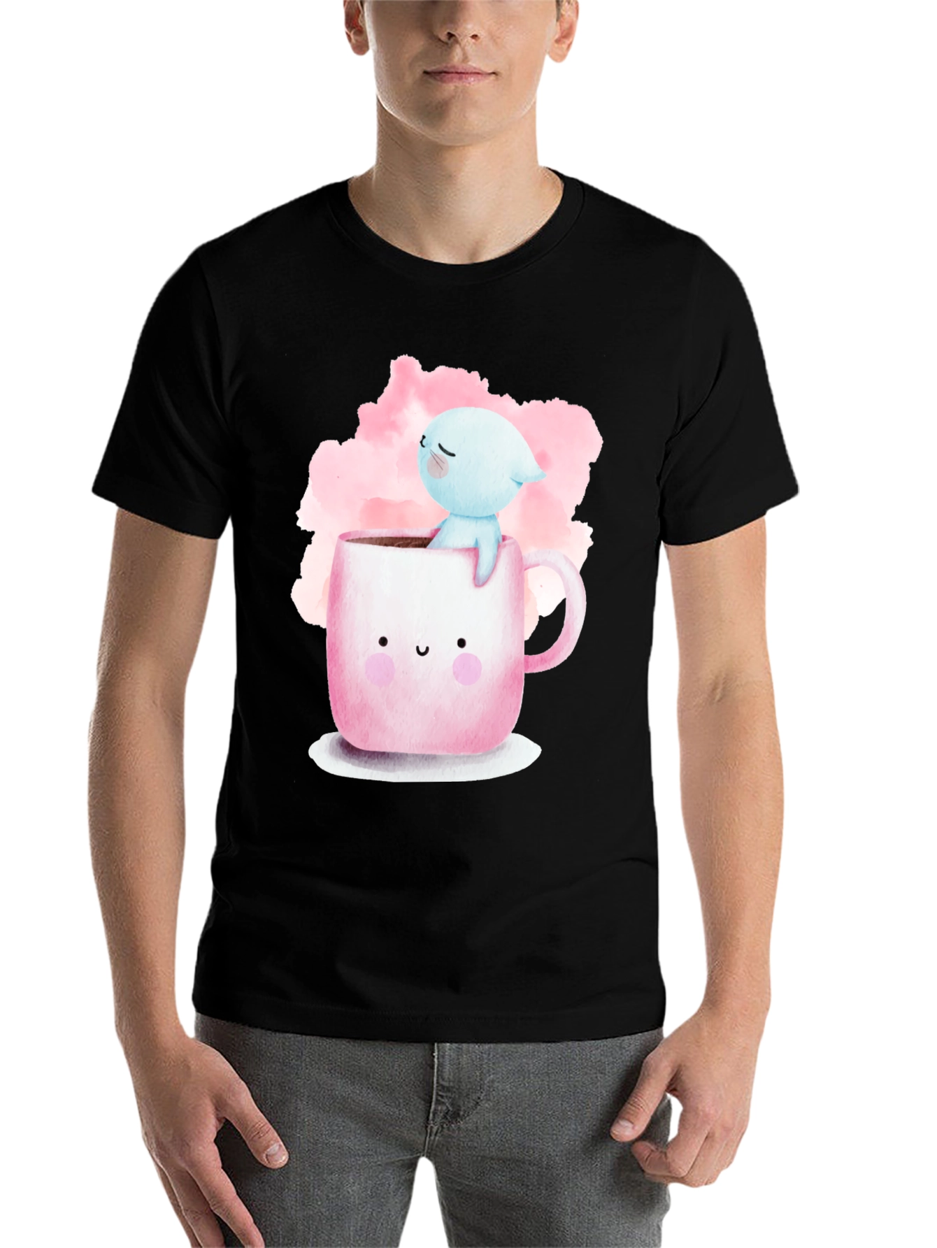 Black Cute Cartoon Cat in Mug Graphic Tee - Black view 7