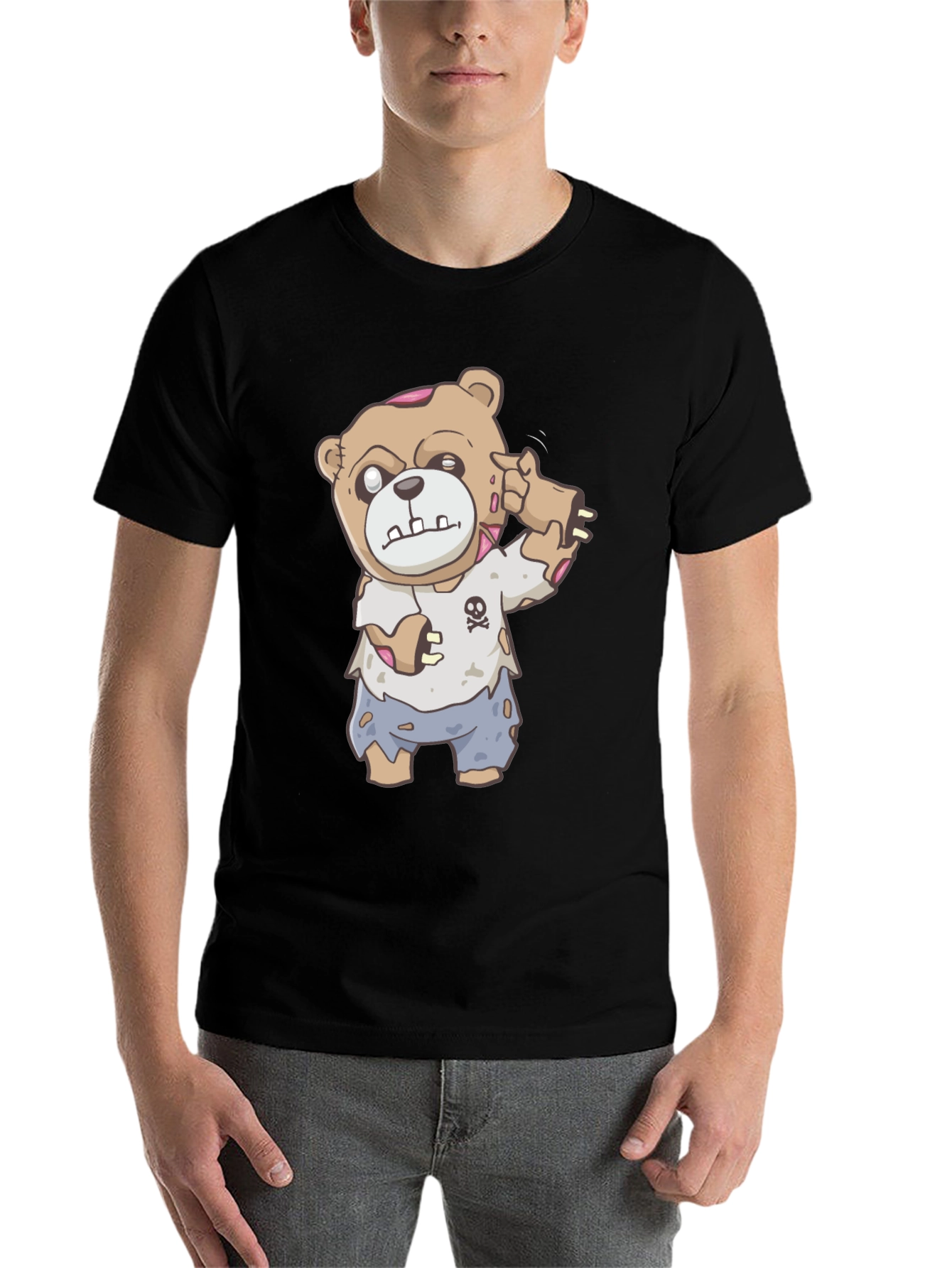 Black Zombie Teddy Bear Graphic T-Shirt - Halloween Style view 7