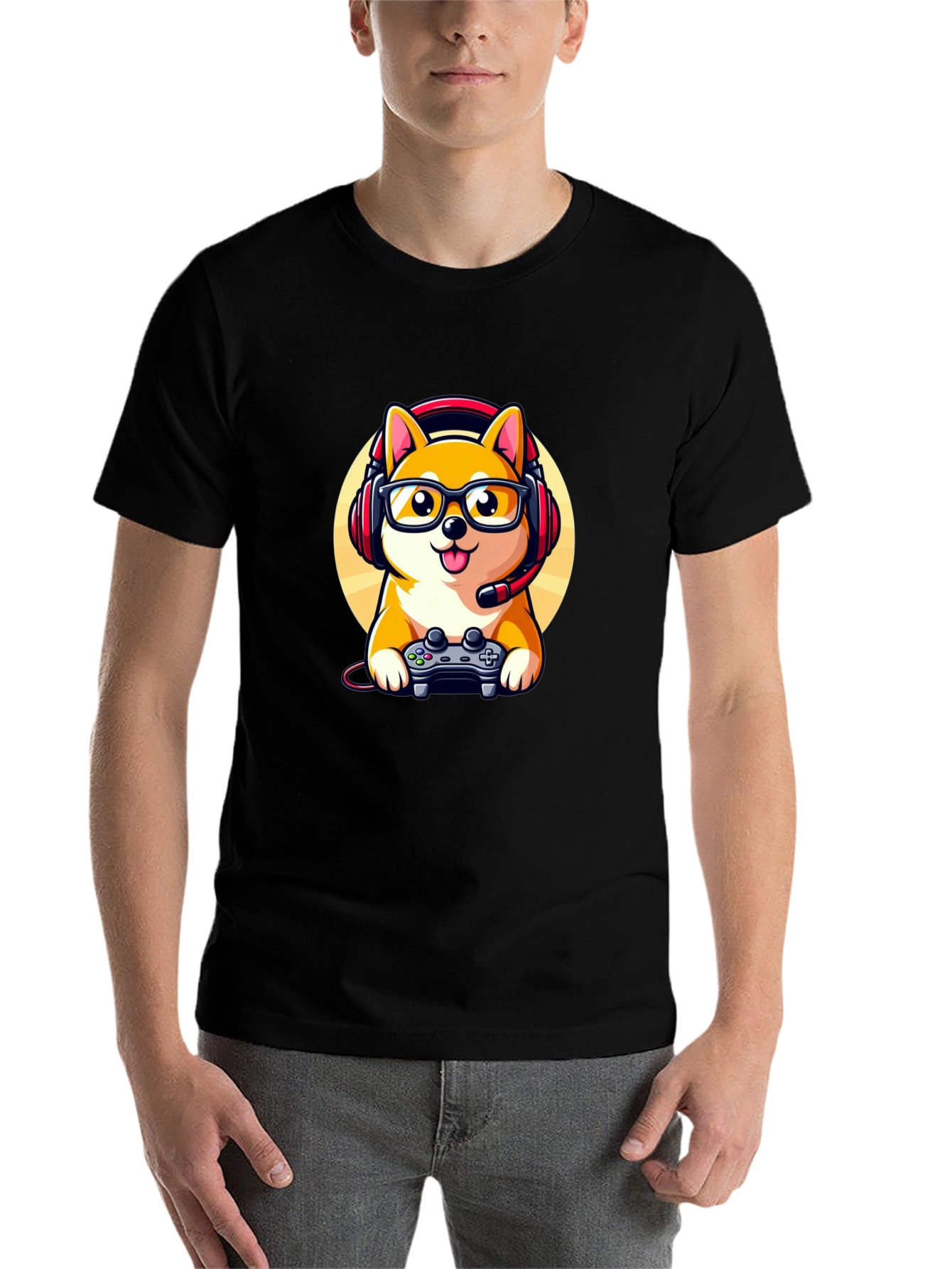Black Gamer Dog T-Shirt: Shiba Inu with Headset view 7