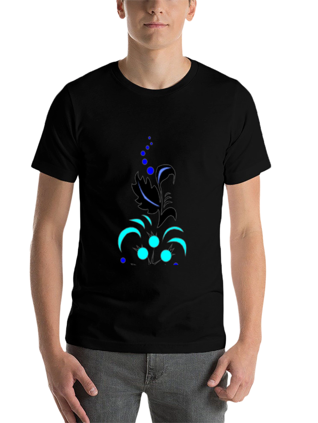 Black Men's Black Tee with Abstract Floral Design view 7