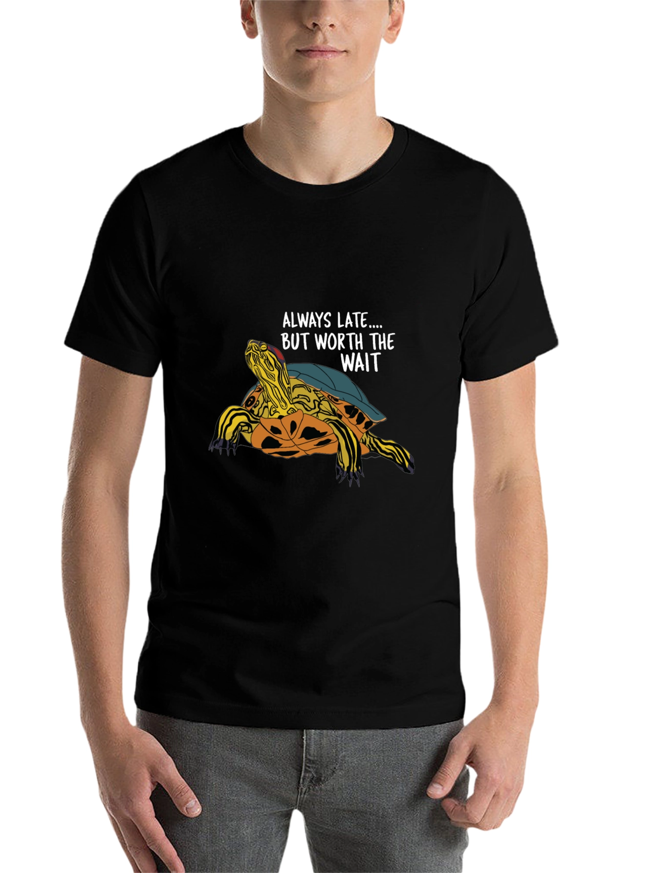 Black Always Late Turtle Graphic T-Shirt - Unisex Casual Top view 7