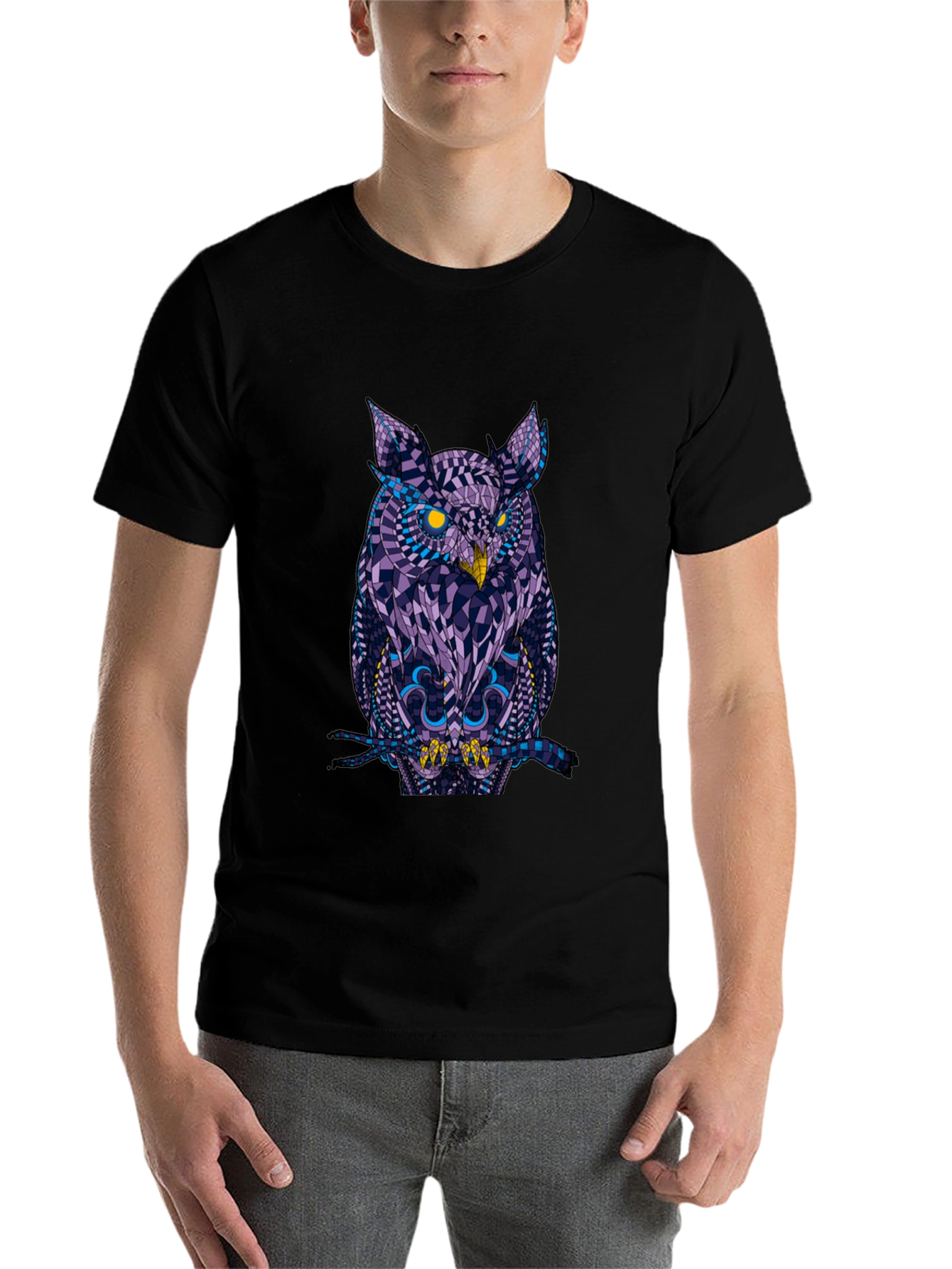 Black Geometric Owl Graphic Tee - Black Cotton view 7
