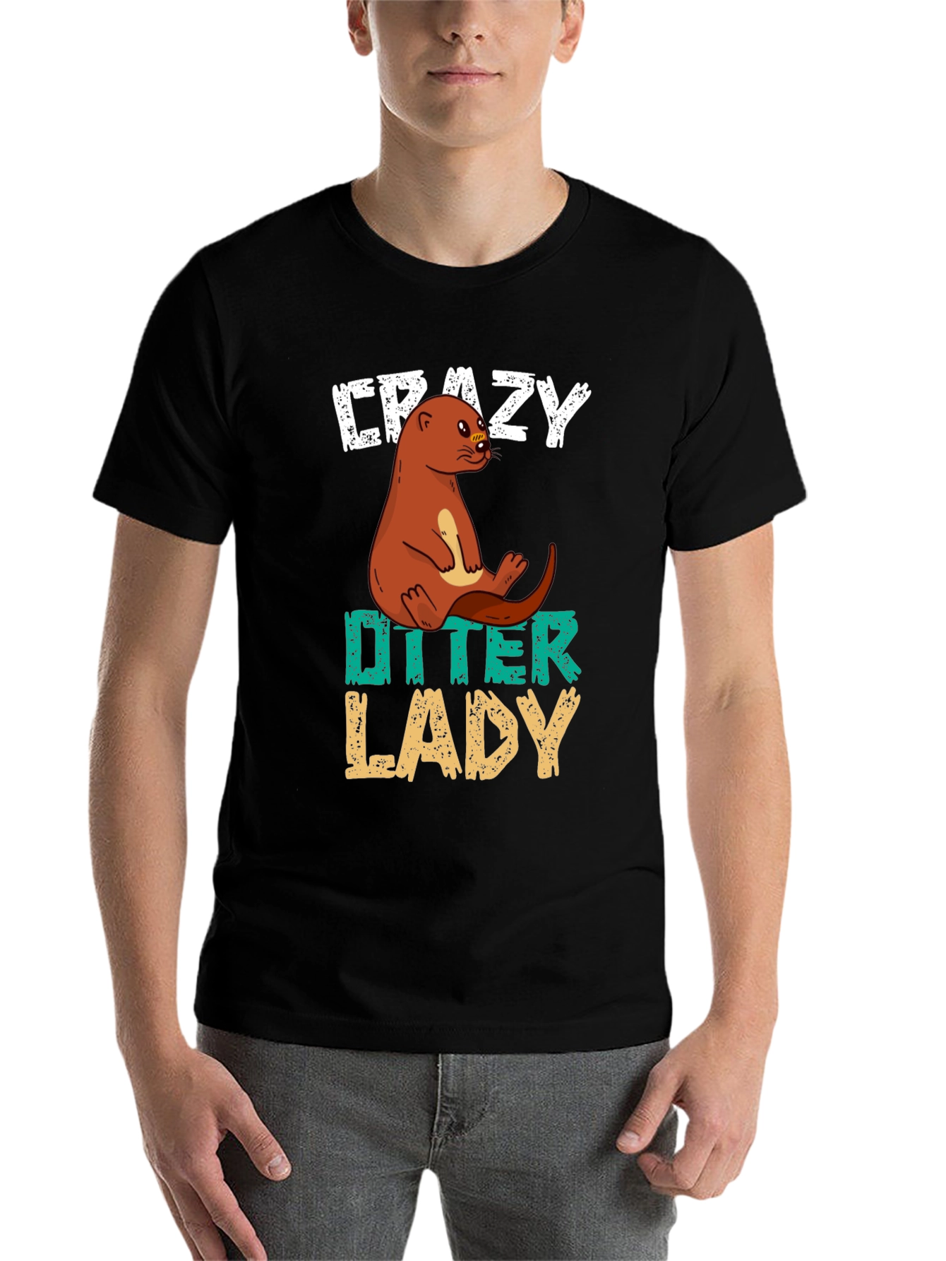 Black Crazy Otter Lady T-Shirt - Unisex Animal Lover Tee view 7