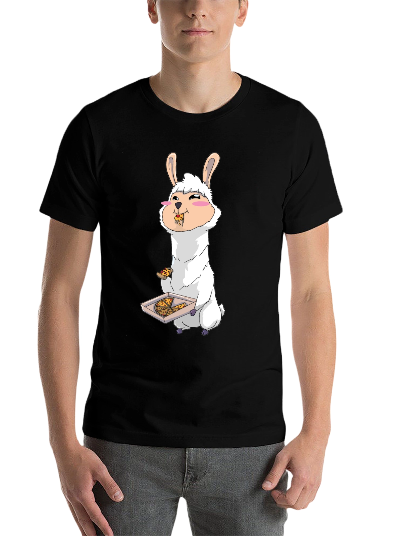 Black Llama Eating Pizza T-Shirt view 7