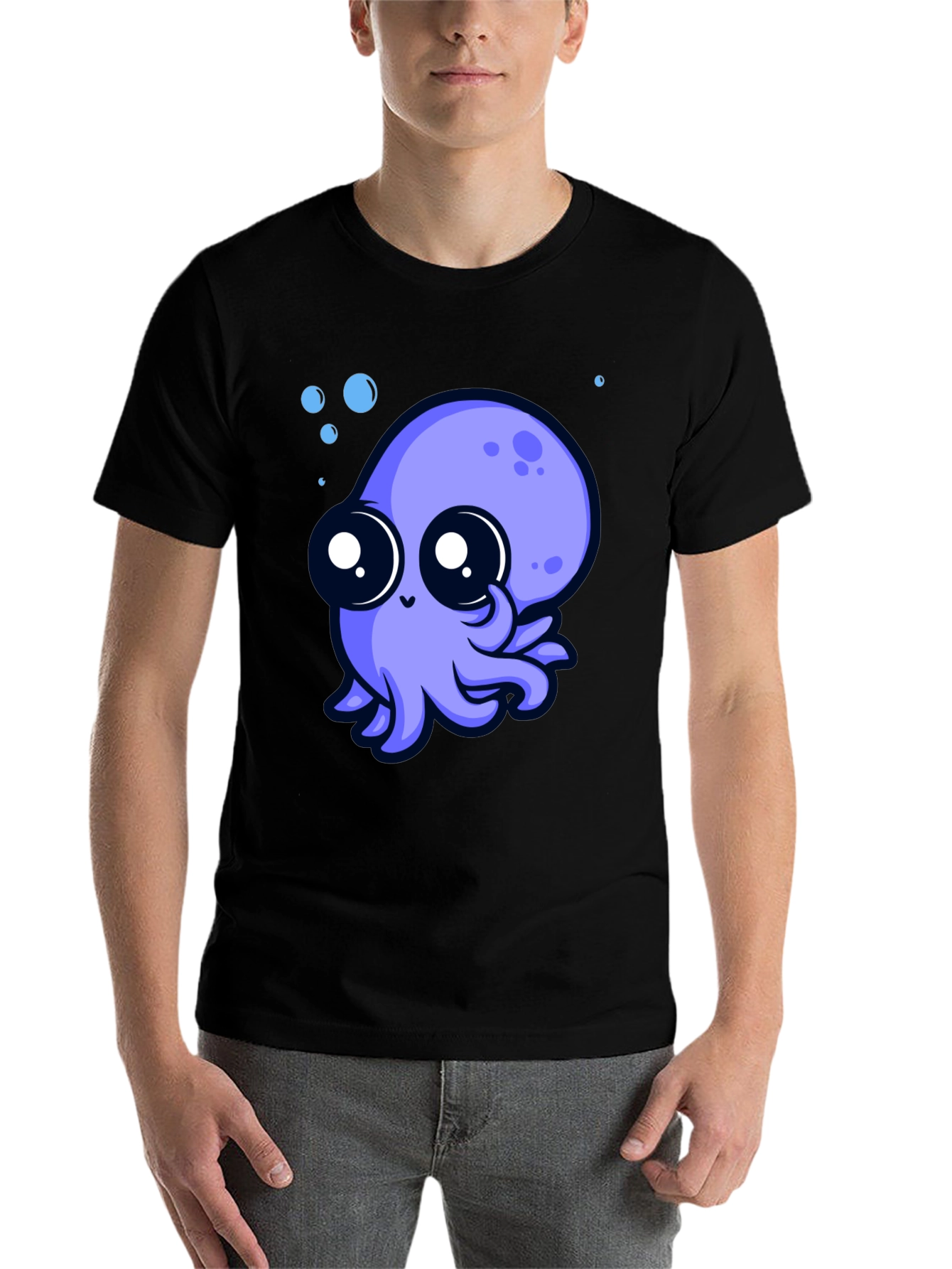 Black Cute Octopus Graphic Tee - Black Cotton T-Shirt view 7